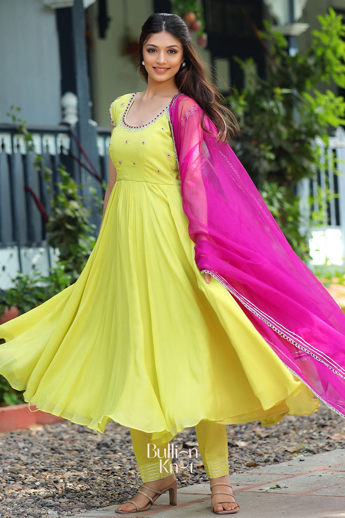 Tulip Anarkali Suit Set in Lemon Yellow