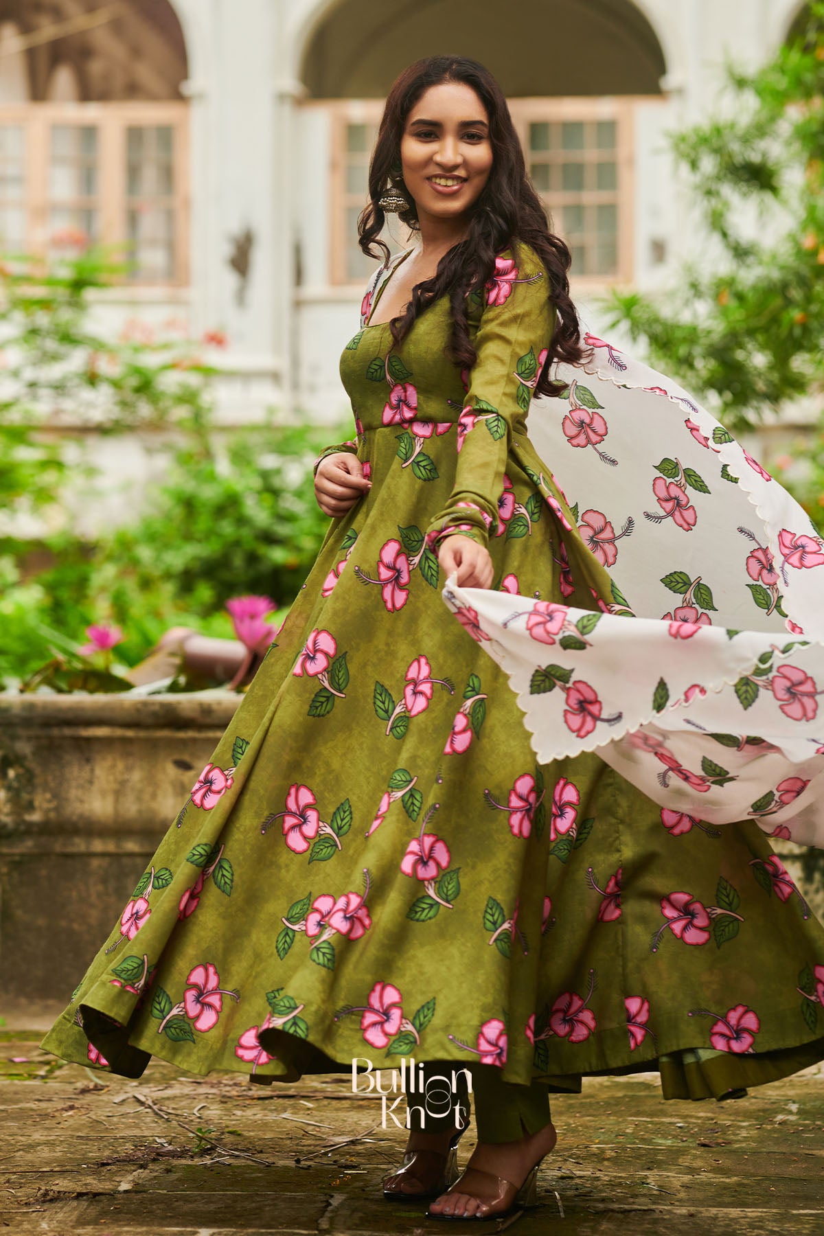 Mehandi Kalamkari Anarkali Suit with Floral Design