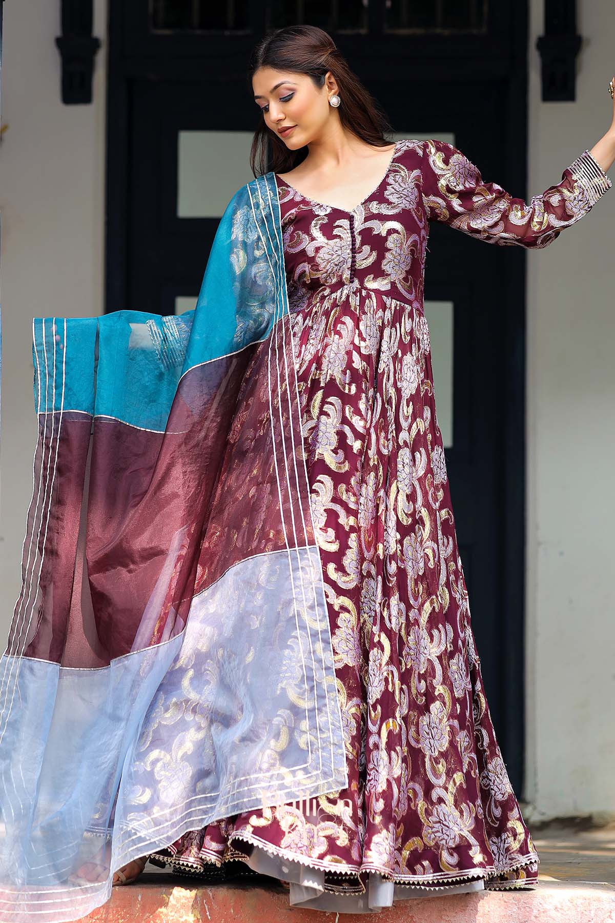 Shimmer Anarkali Suit Set in Brown Wine Ethnic Dress bullionknot