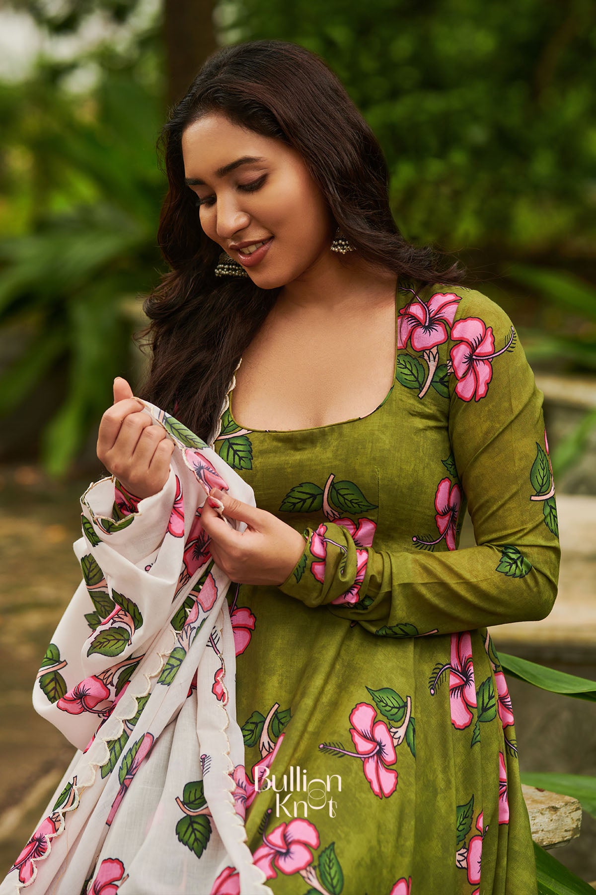 Mehandi Green Floral Kalamkari Anarkali Suit