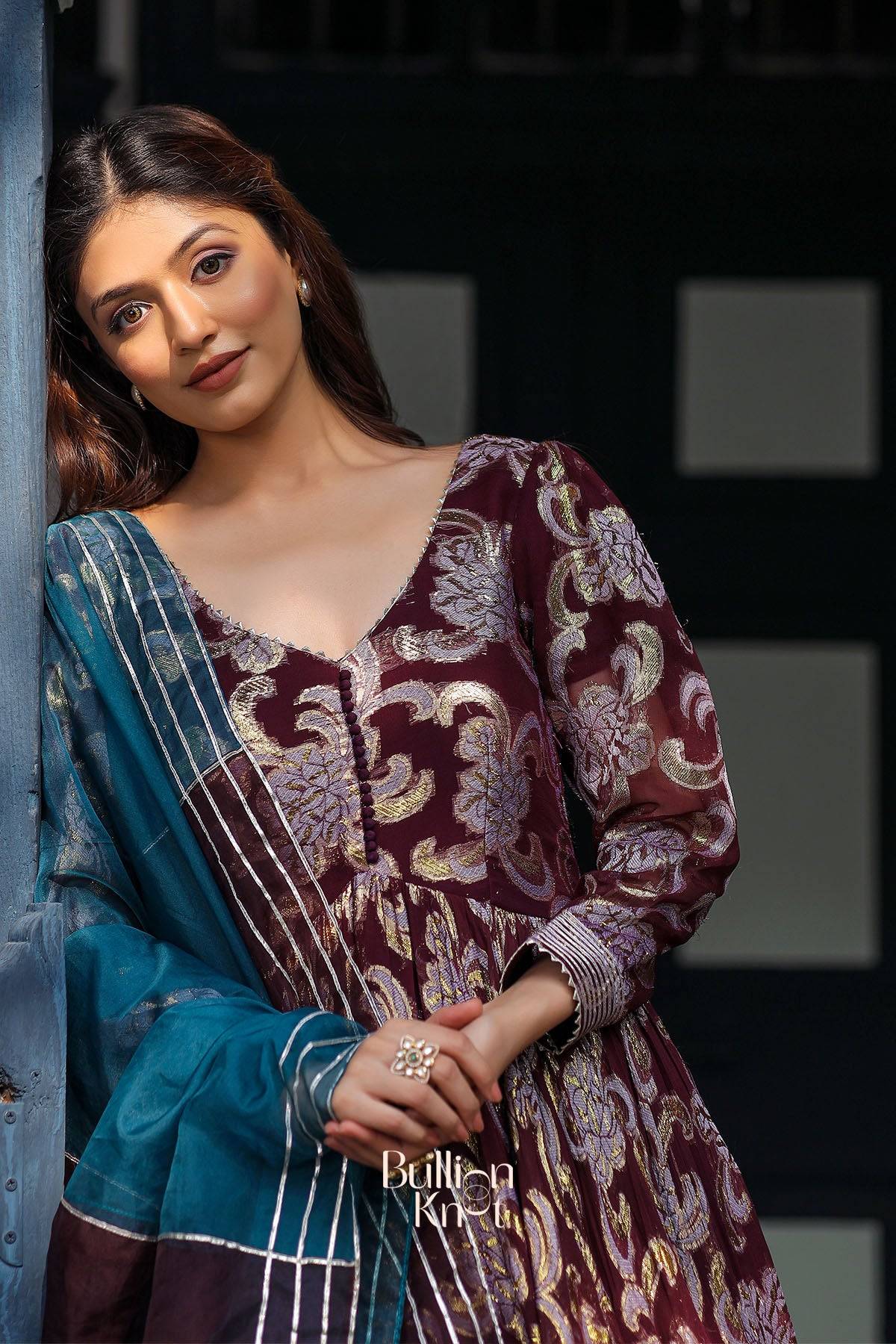 Shimmer Anarkali Suit Set in Brown Wine