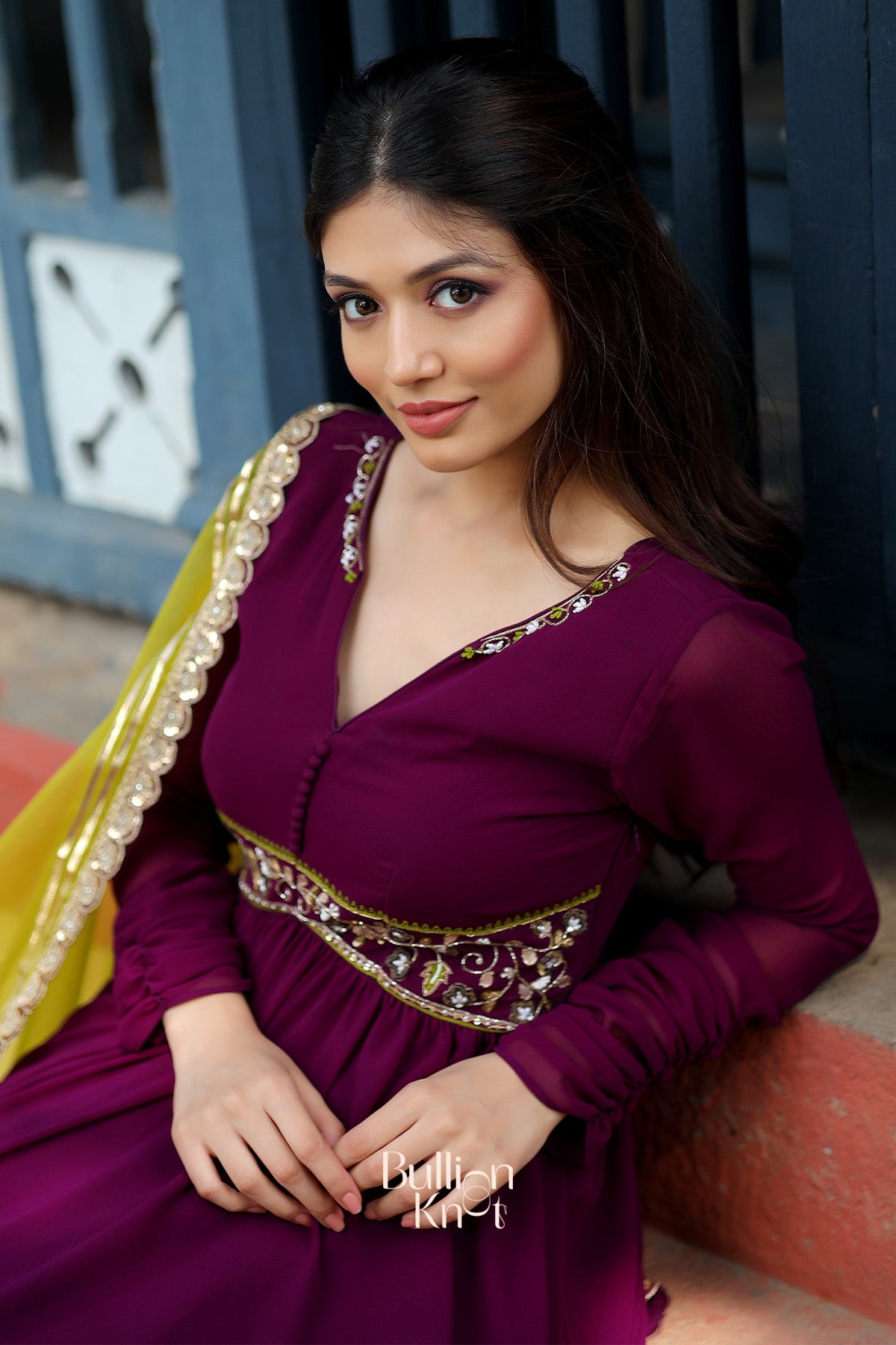 Embellishment Anarkali Suit Set in Wine