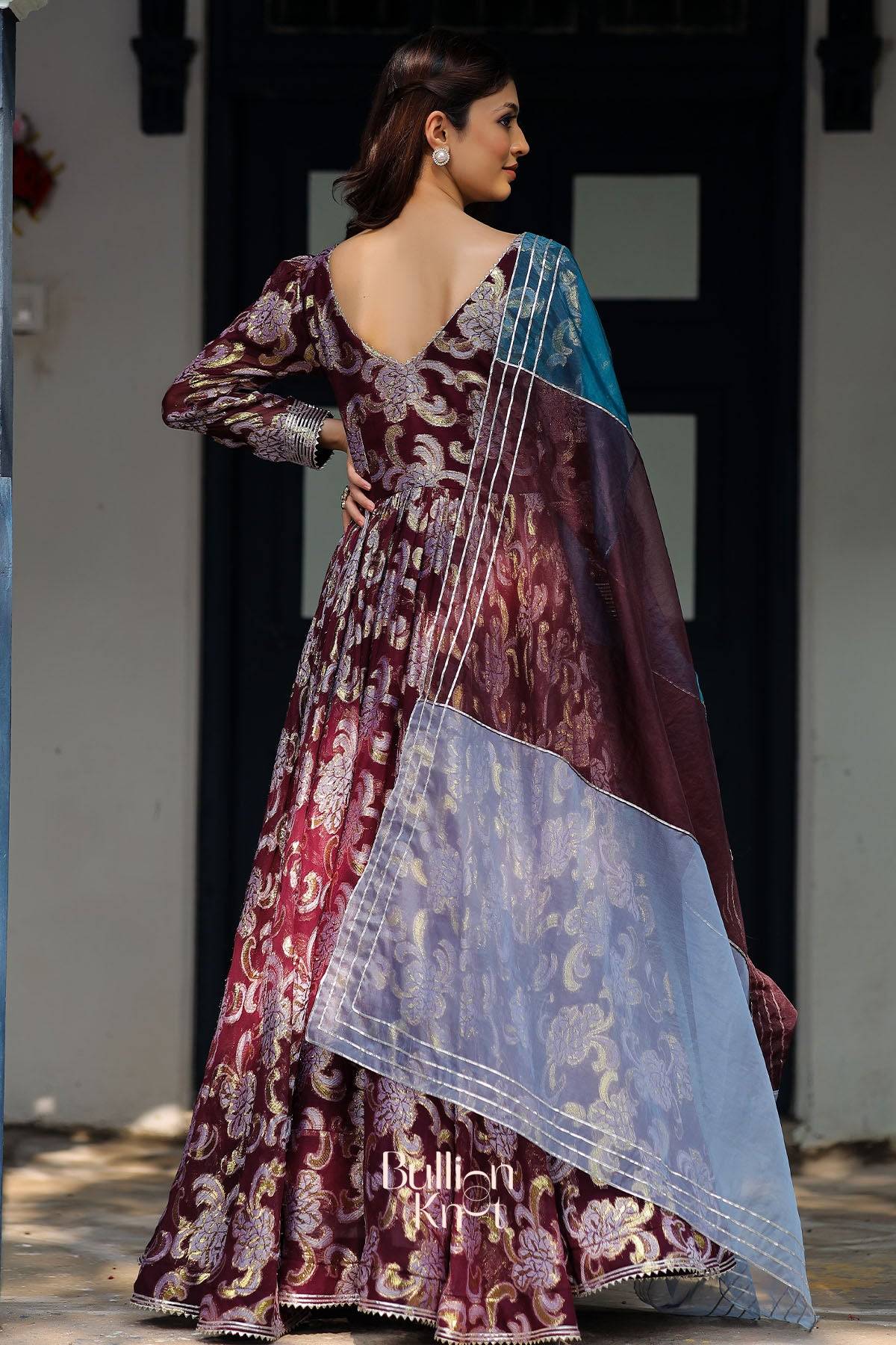 Shimmer Anarkali Suit Set in Brown Wine Ethnic Dress bullionknot