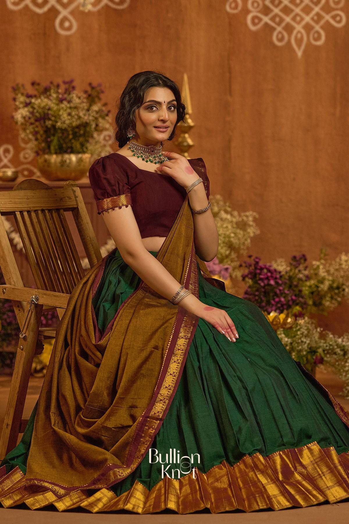 Devara Handloom Half Saree in Green
