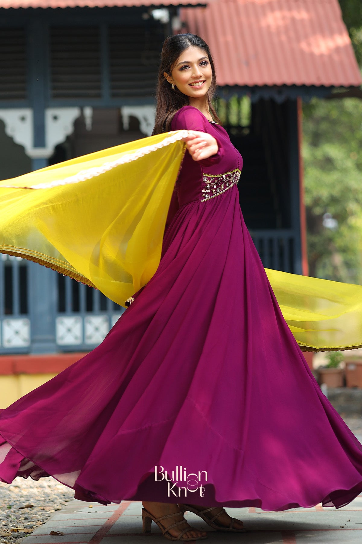 Embellishment Anarkali Suit Set in Wine
