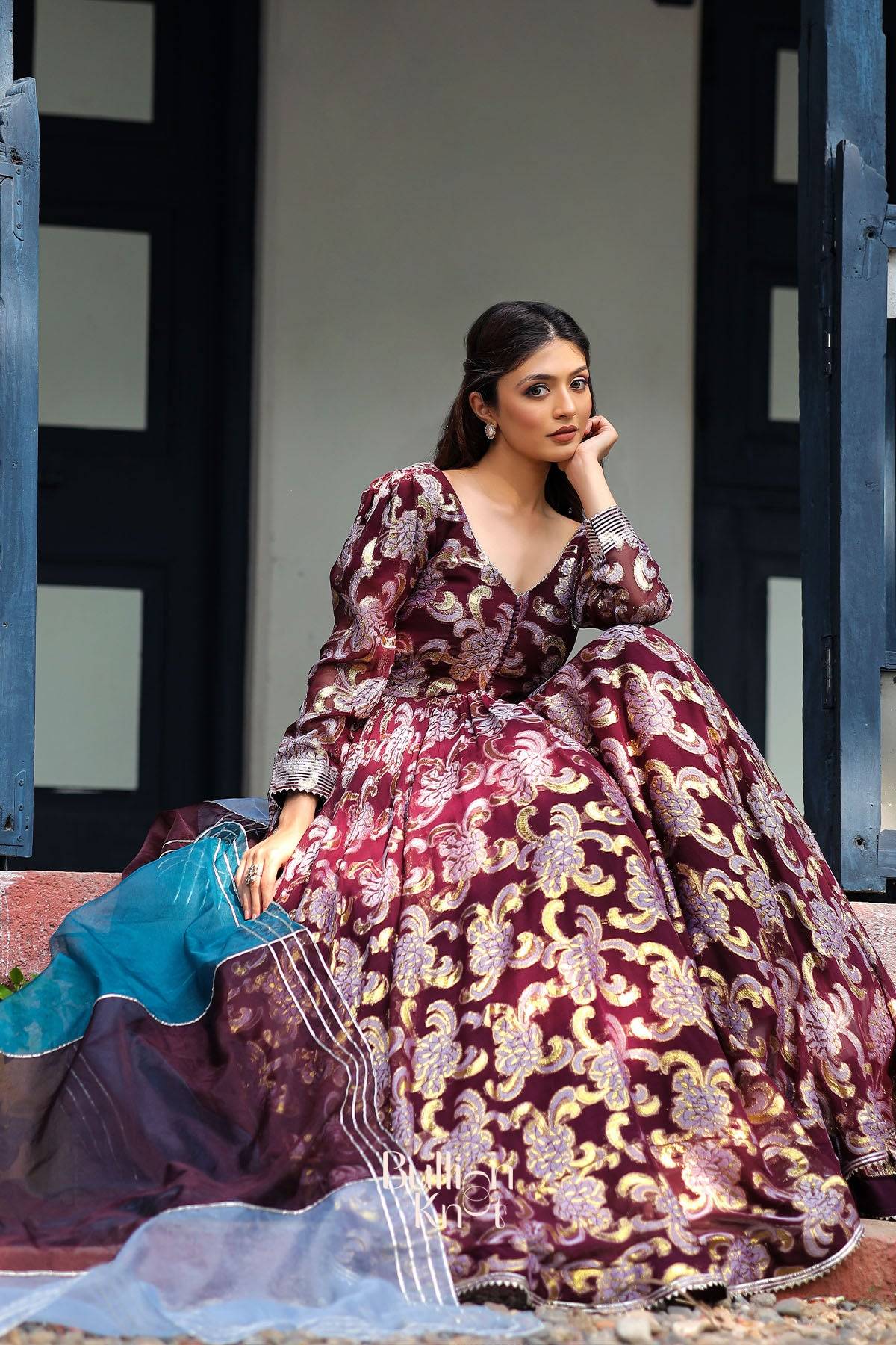 Shimmer Anarkali Suit Set in Brown Wine Ethnic Dress bullionknot
