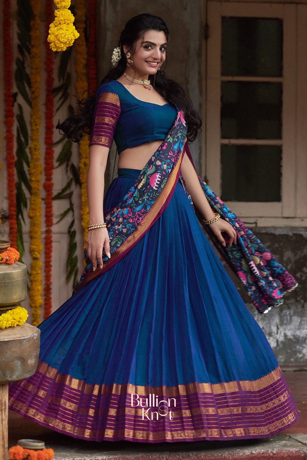 Vishnukund Handloom Half Saree in Peacock Blue