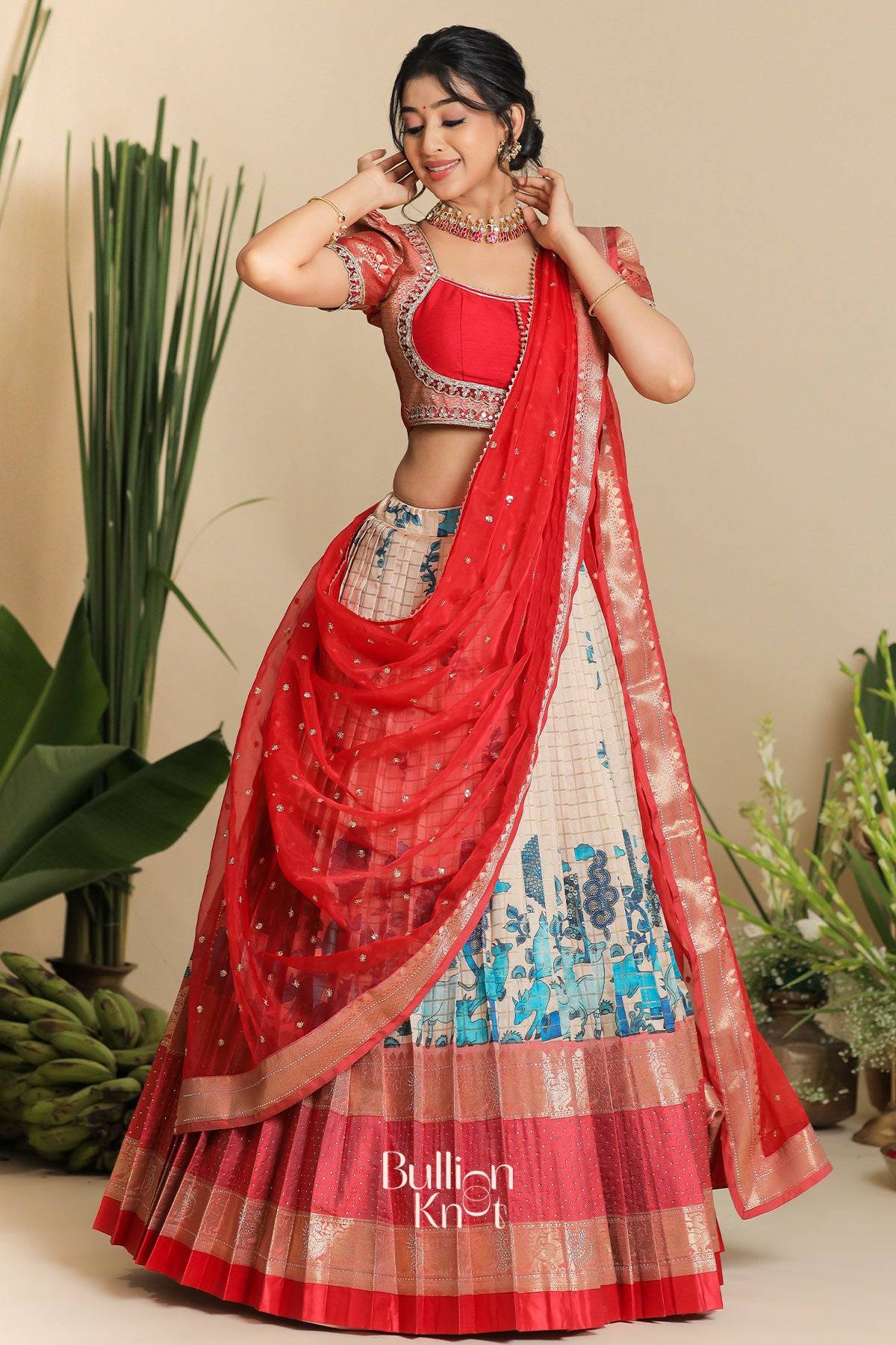 premium saloni banarasi lehenga set in red color
