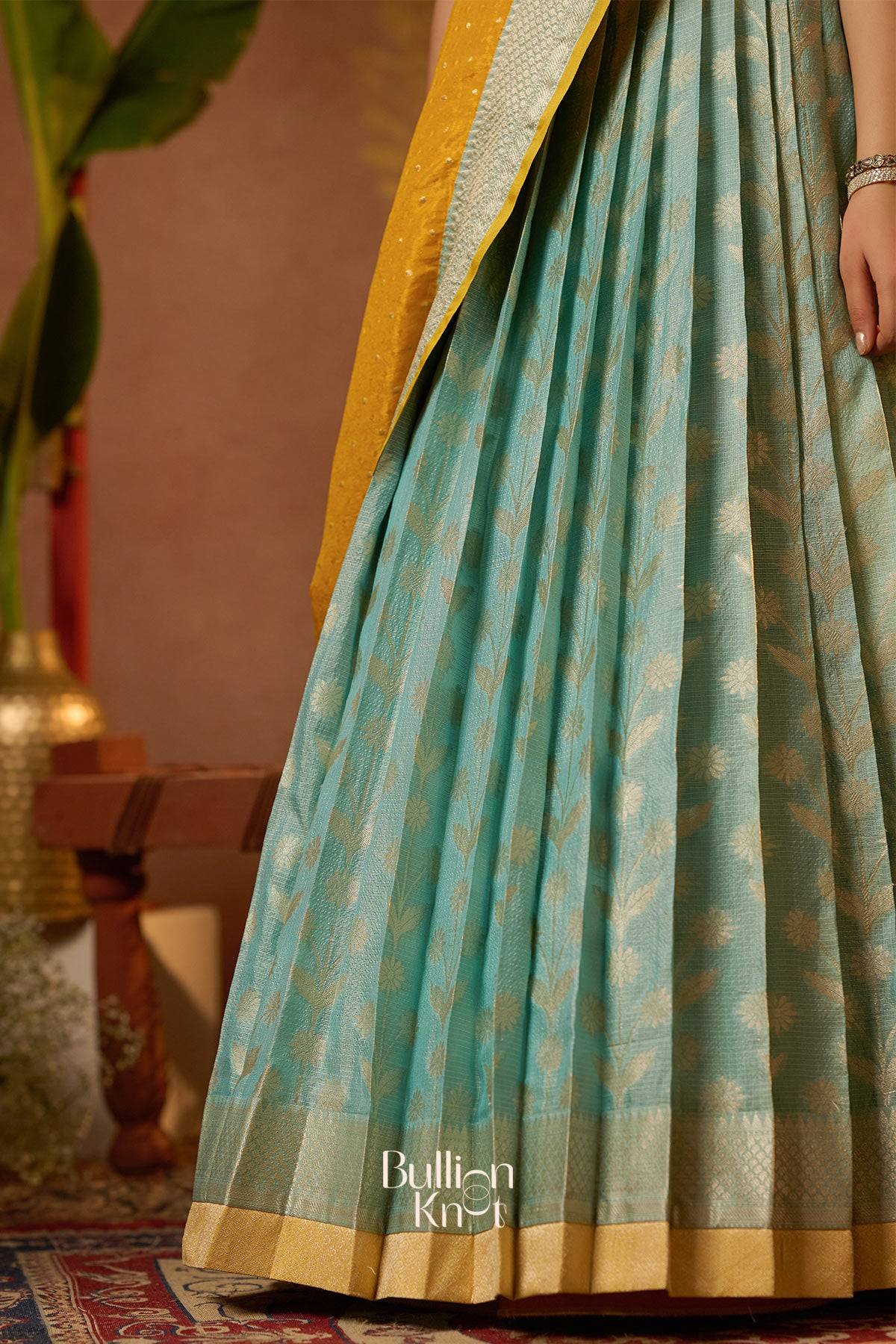 Teal Lehenga with gold border