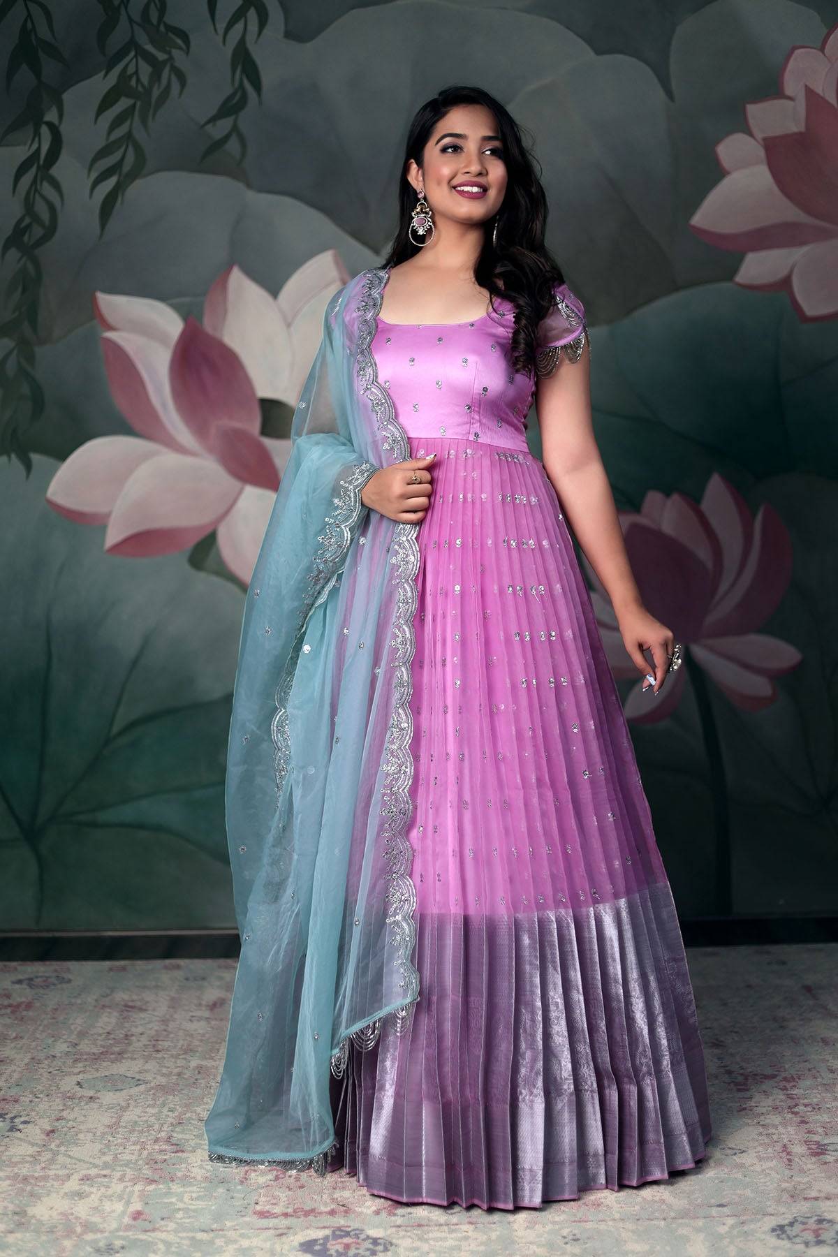 Siddhi Organza Anarkali Dress in pink and purple with dupatta