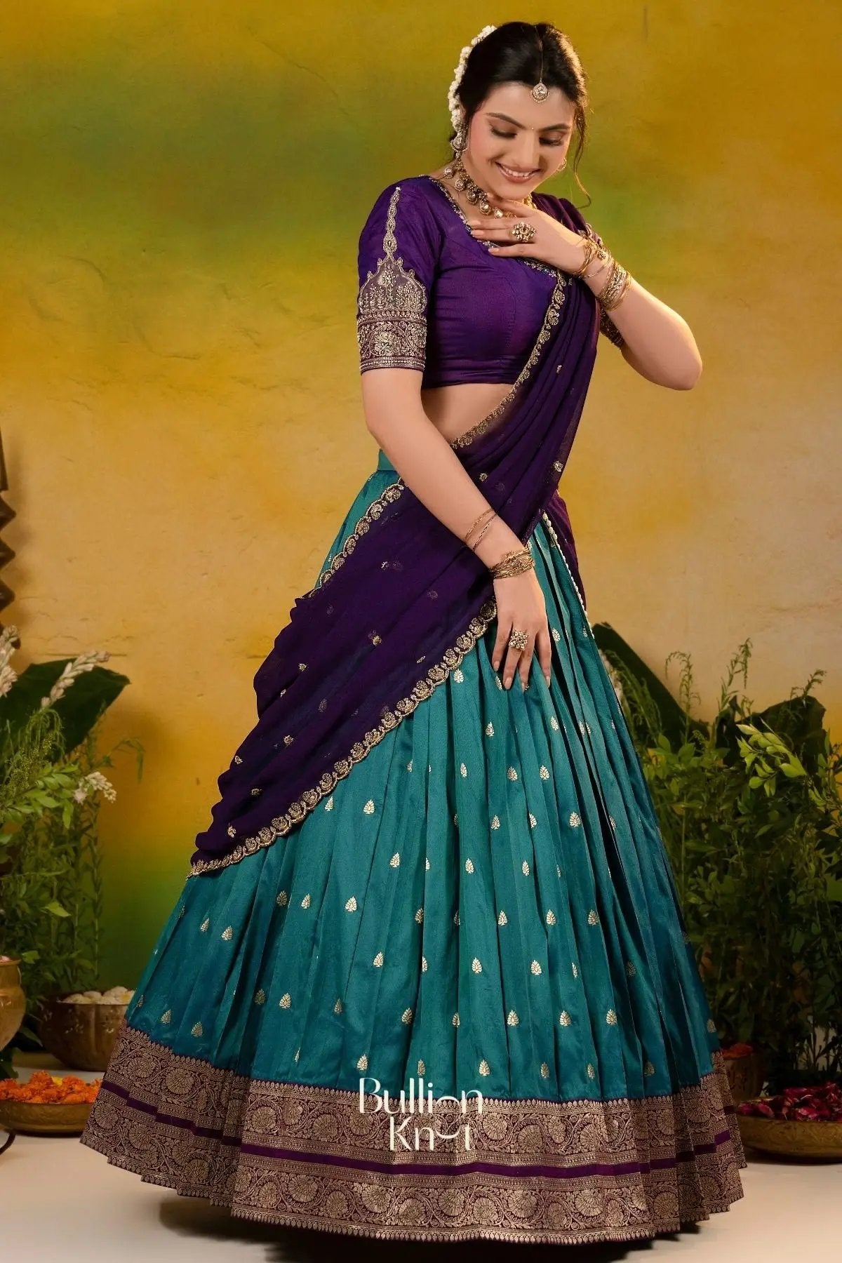 Megh rangini Soft Silk Peacock blue Lehenga Set