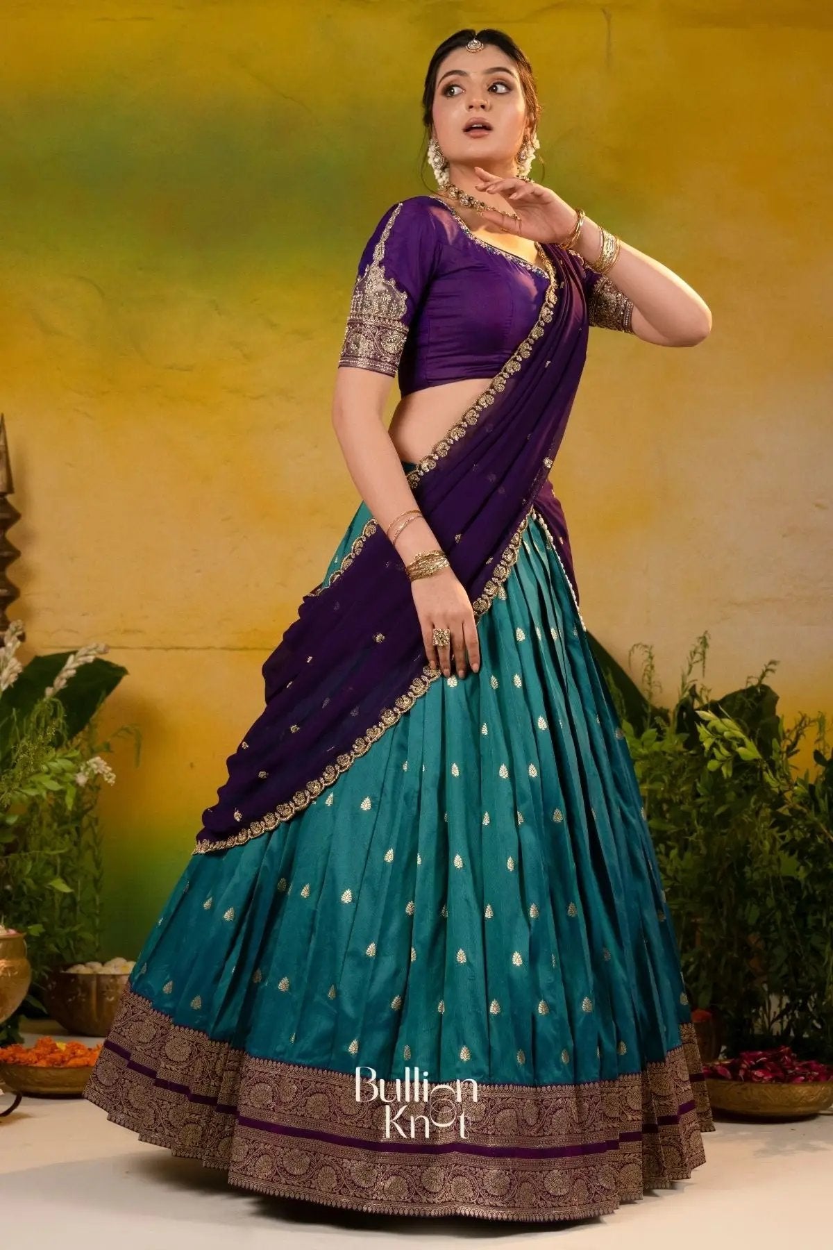 Megh rangini Soft Silk Peacock blue Lehenga Set