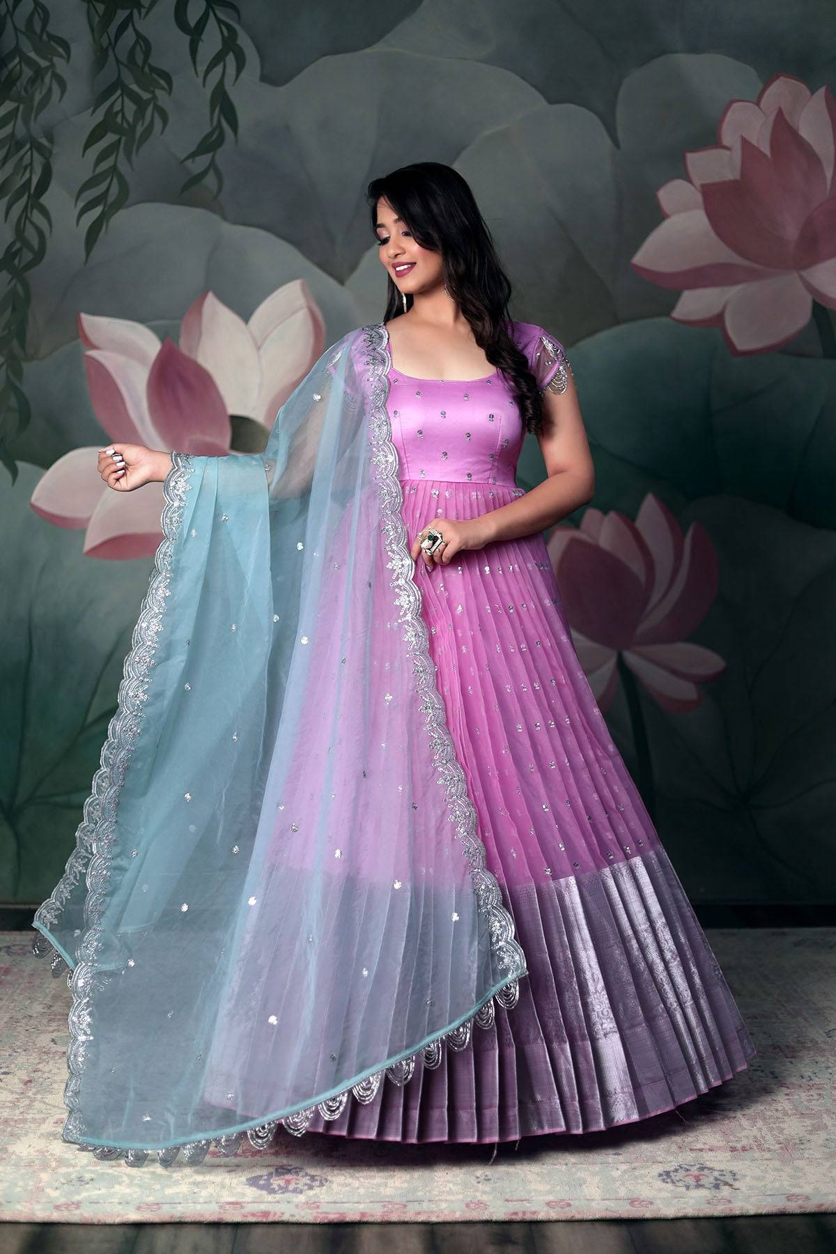 Elegant Siddhi Organza Anarkali Dress with floral backdrop
