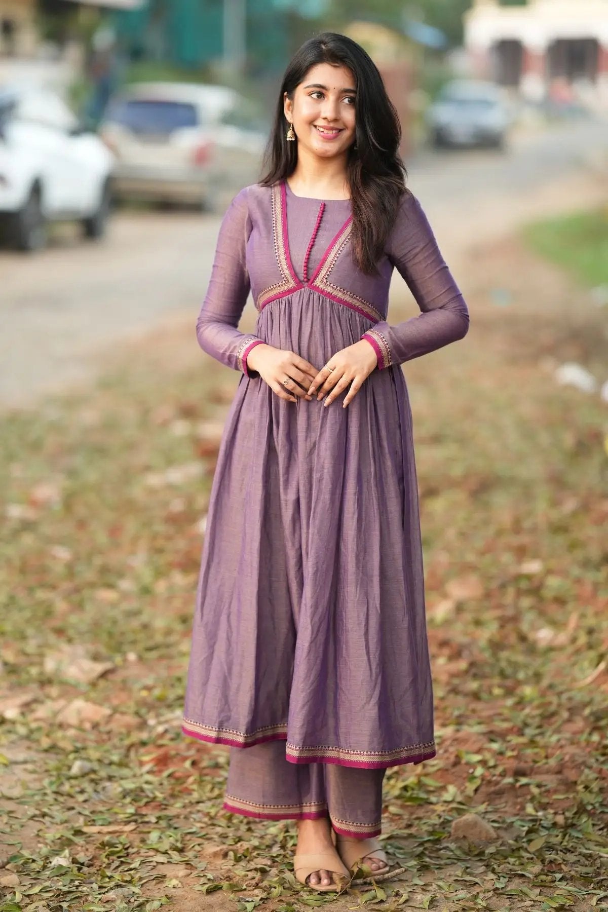 Lipika Kurta Set in greyish lavender featuring a flowy kurta with matching pants, detailed with pink accents, from bullionknot's traditional collection.