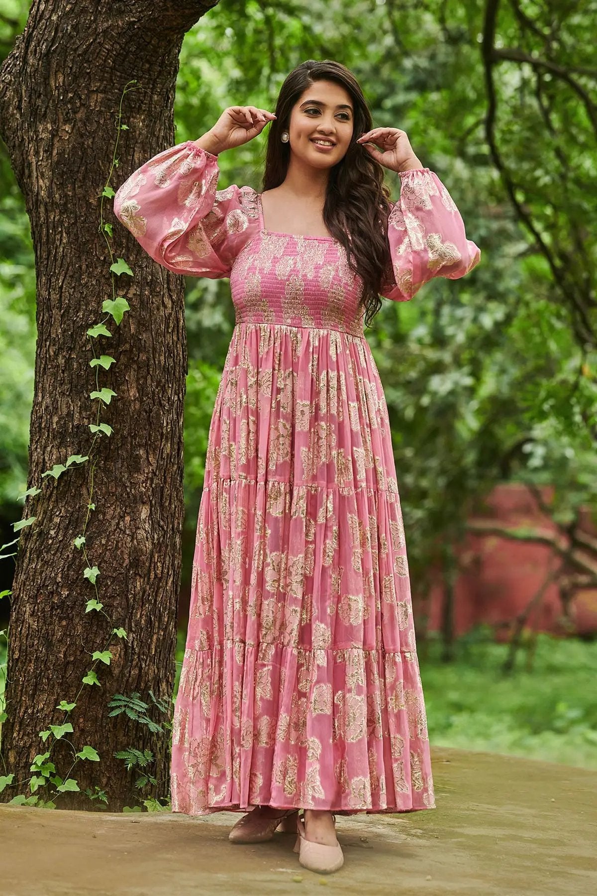 Elegant Sitara Floral Zari Maxi Dress in Pink, full-length, garden