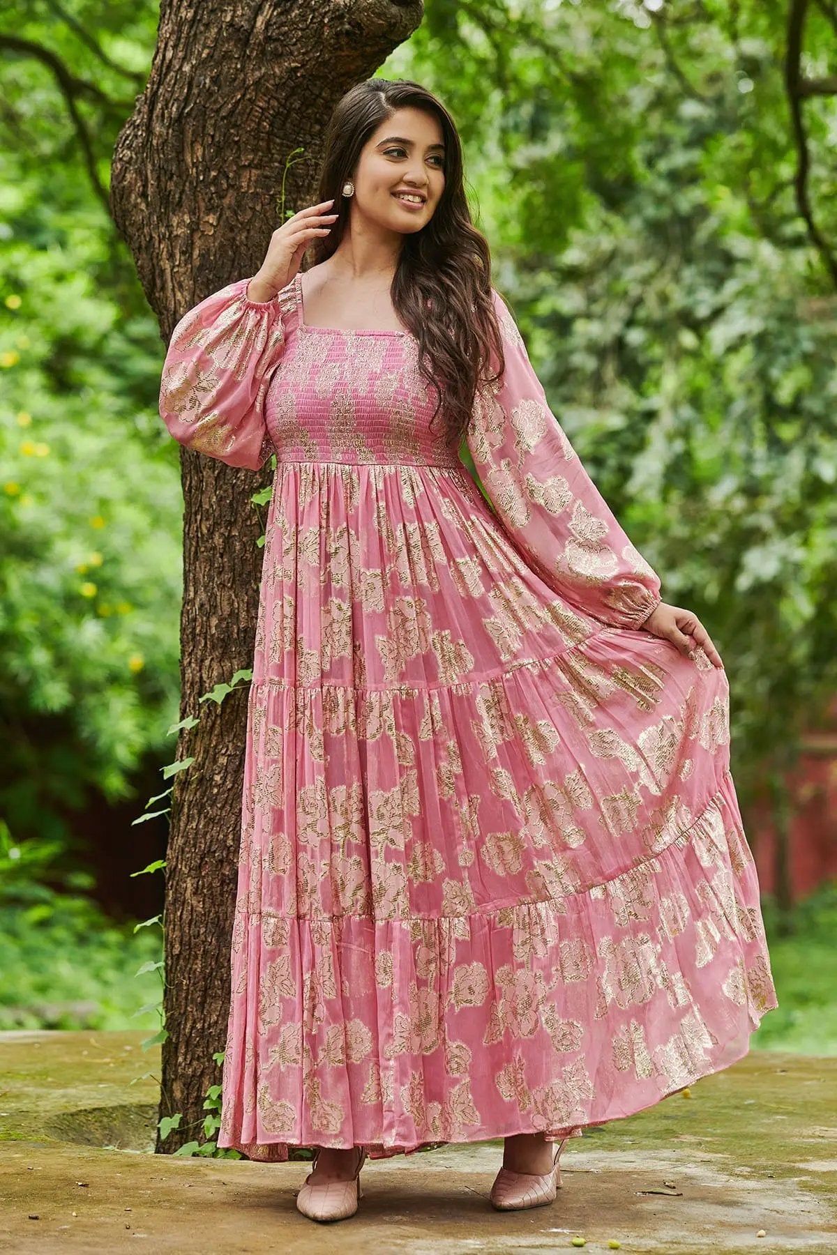 Sitara Floral Zari Maxi Dress, pink with floral print, flowing style