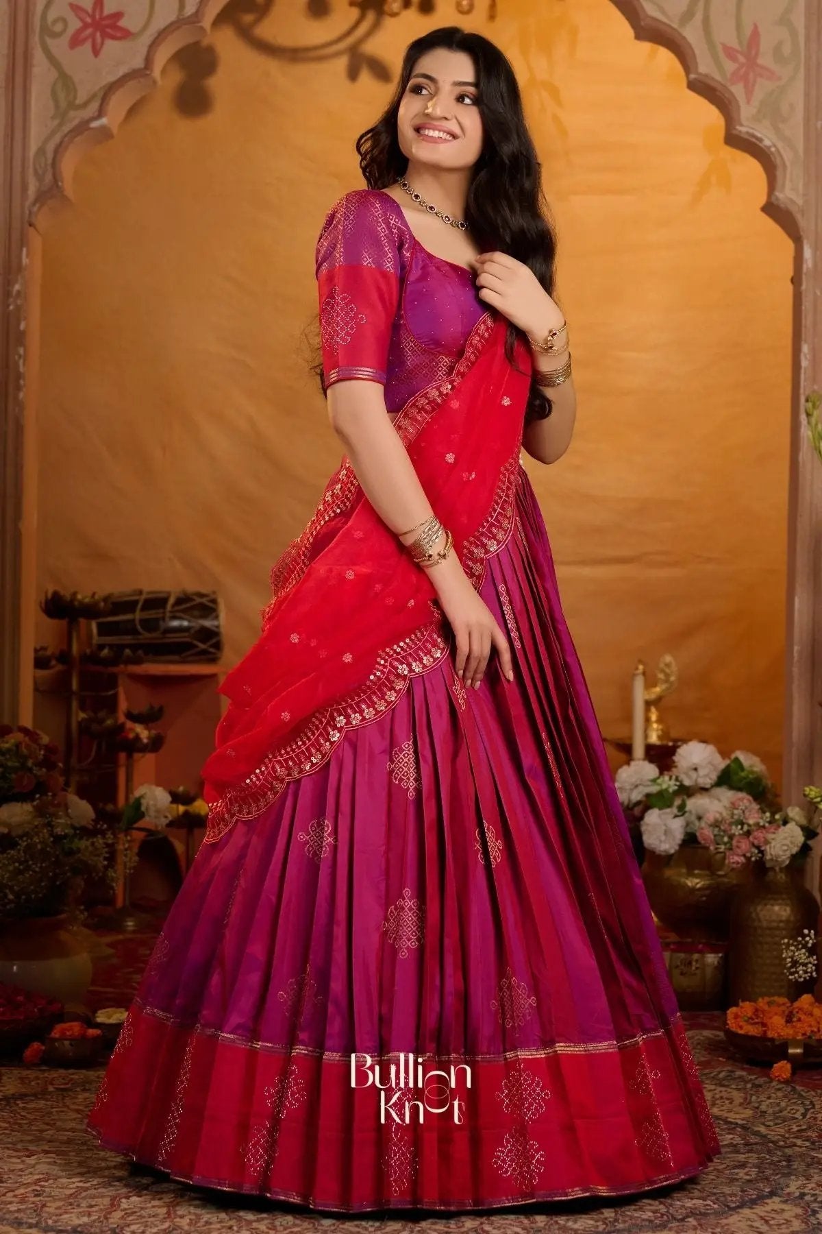 Aarvi Pushpa Soft Silk Magenta Pink Lehenga Set