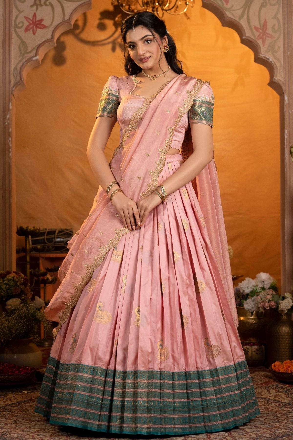 Sundarika Soft Silk Rose Pink Lehenga Set