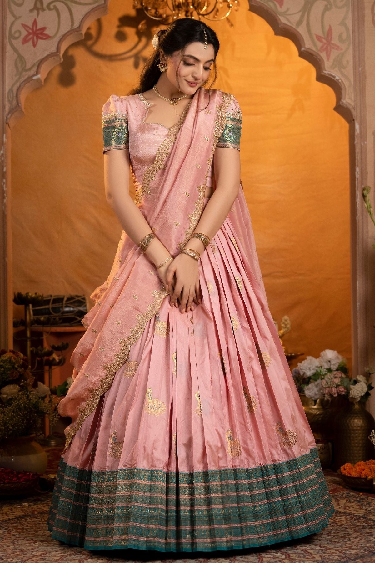 Sundarika Soft Silk Rose Pink Lehenga Set