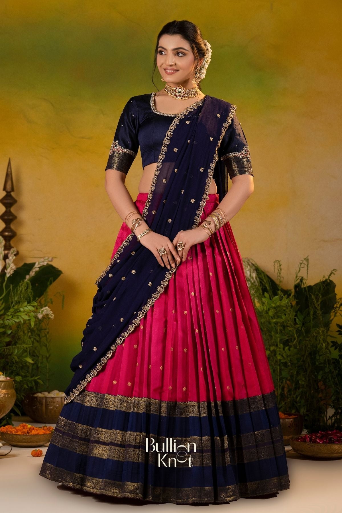 Nilambari Noor Navy Blue Soft Silk Lehenga Set