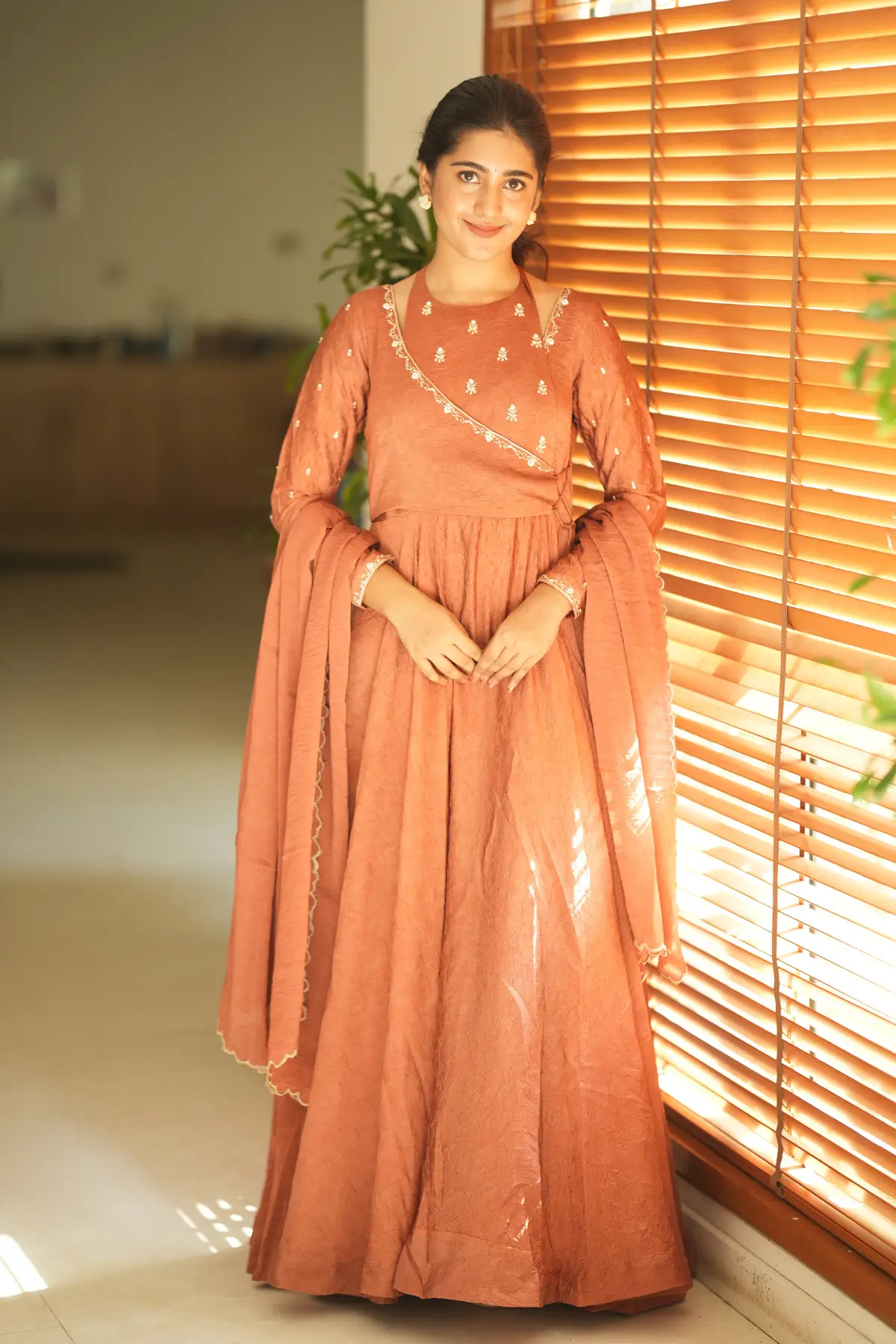 Sumedha Crush space silk Dress in Rust