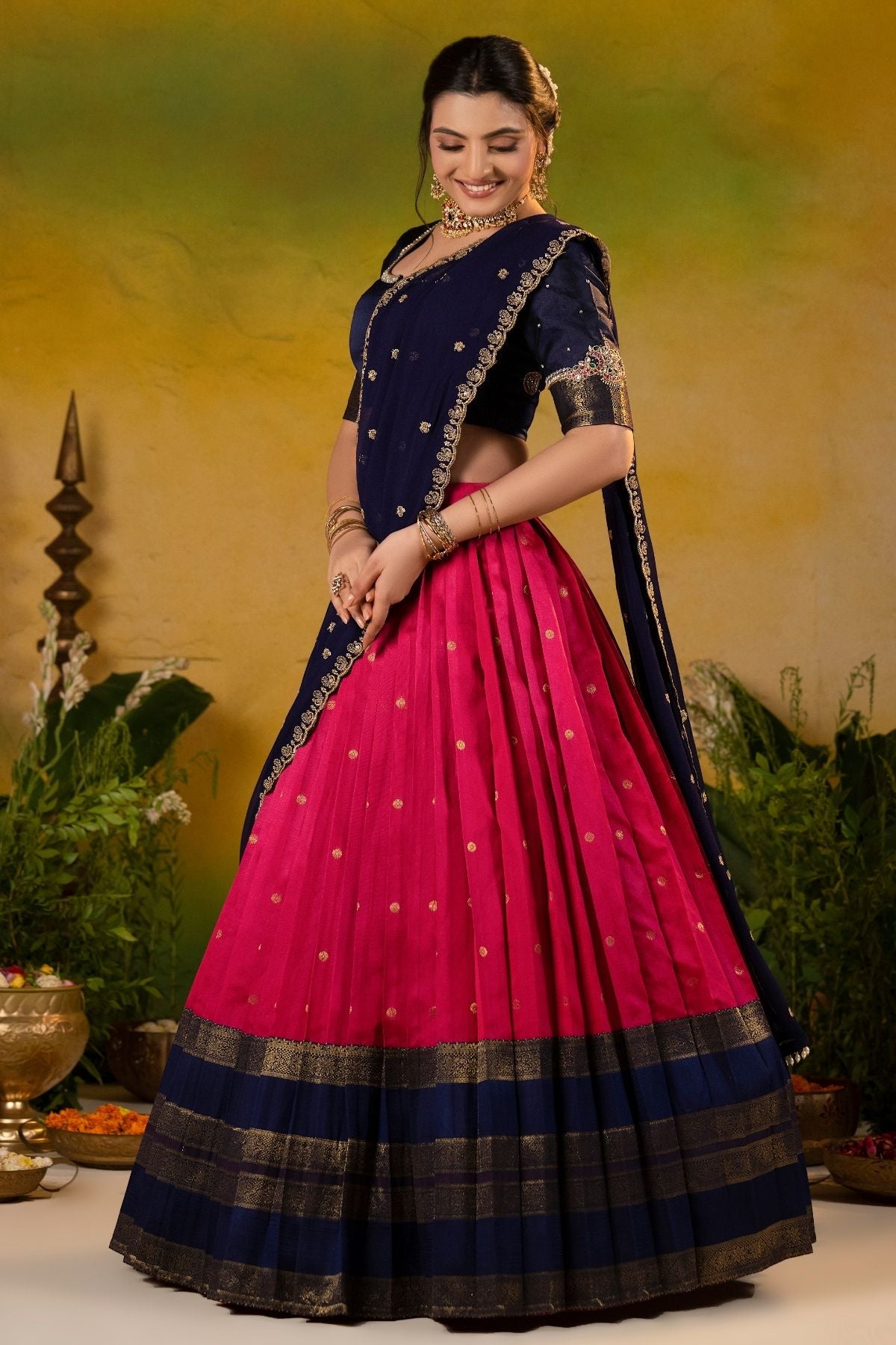 Nilambari Noor Navy Blue Soft Silk Lehenga Set