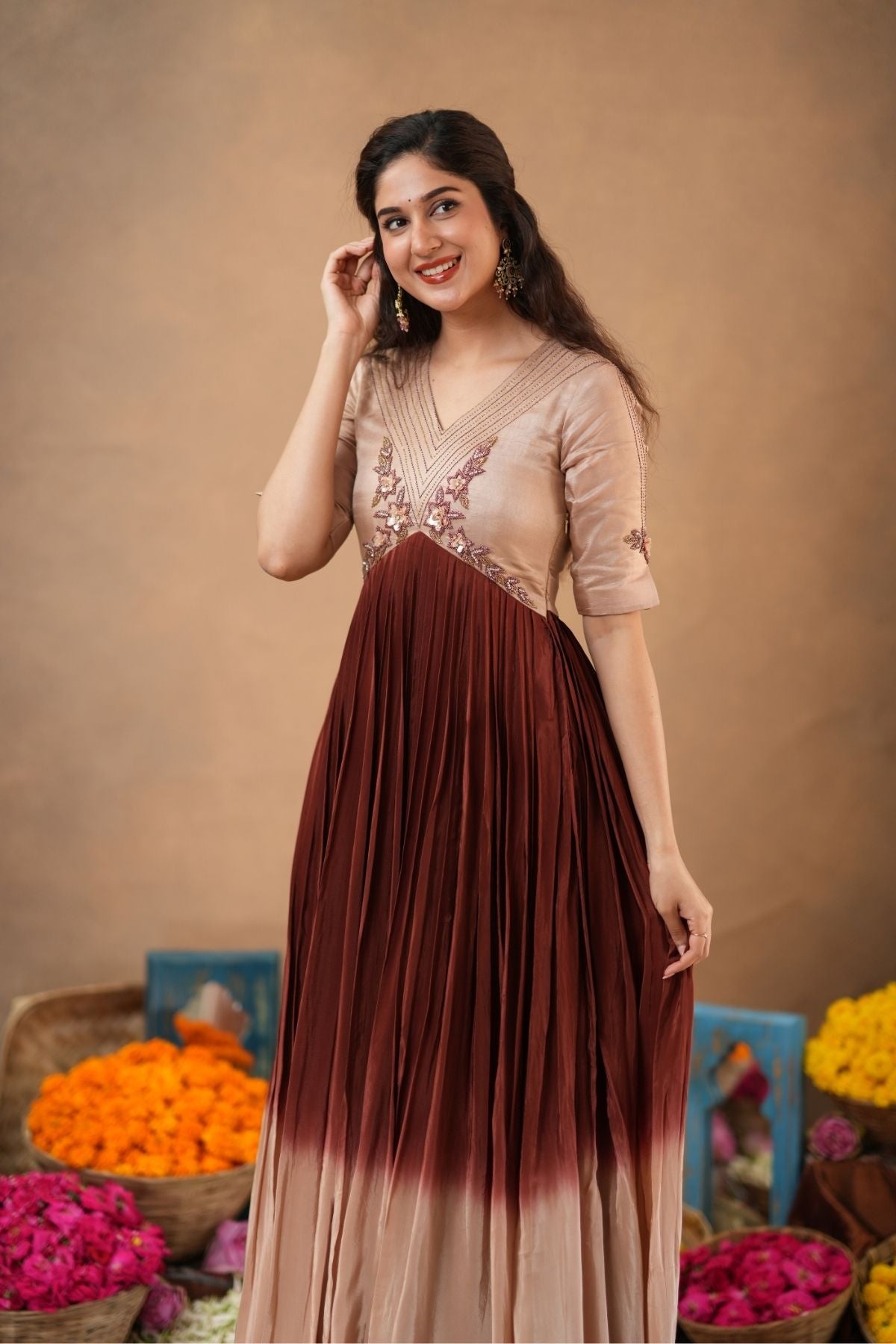 Mocha Mayurika Natural Crepe (Dress) in Brown