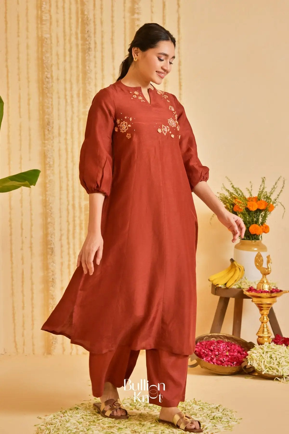 Mehkaa Rang Linen Kurta Set (Dress) In Rust Brown