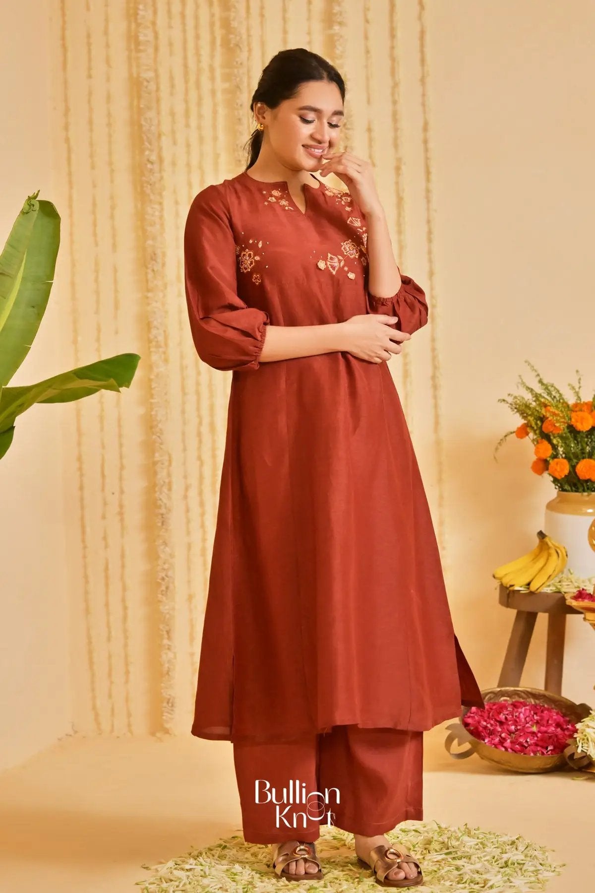 Mehkaa Rang Linen Kurta Set (Dress) In Rust Brown