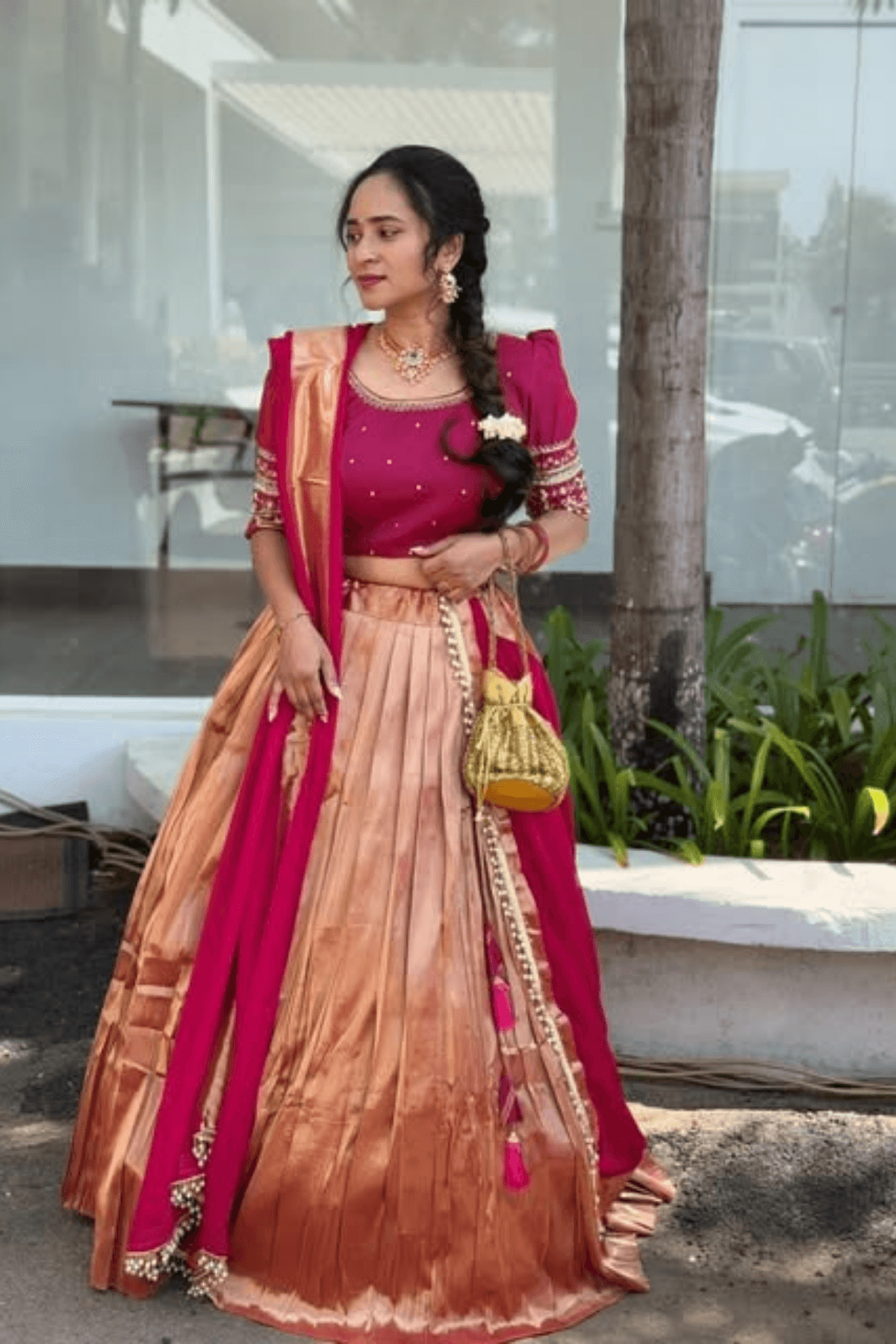 Saffron Banarasi Lehenga Set in Wine
