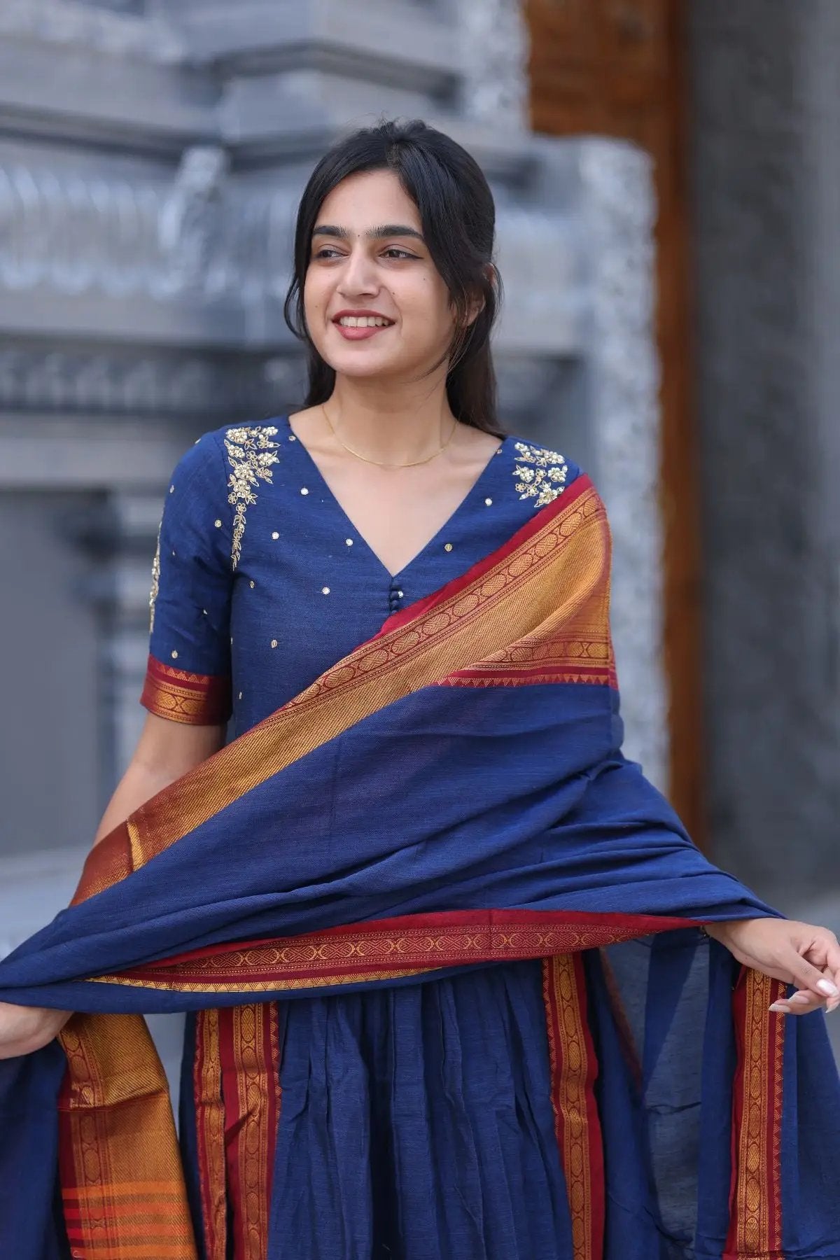 Detailed view of the Basude Handloom Suit Set in Blue highlighting the dupatta and embroidered bodice, perfect for ethnic celebrations.