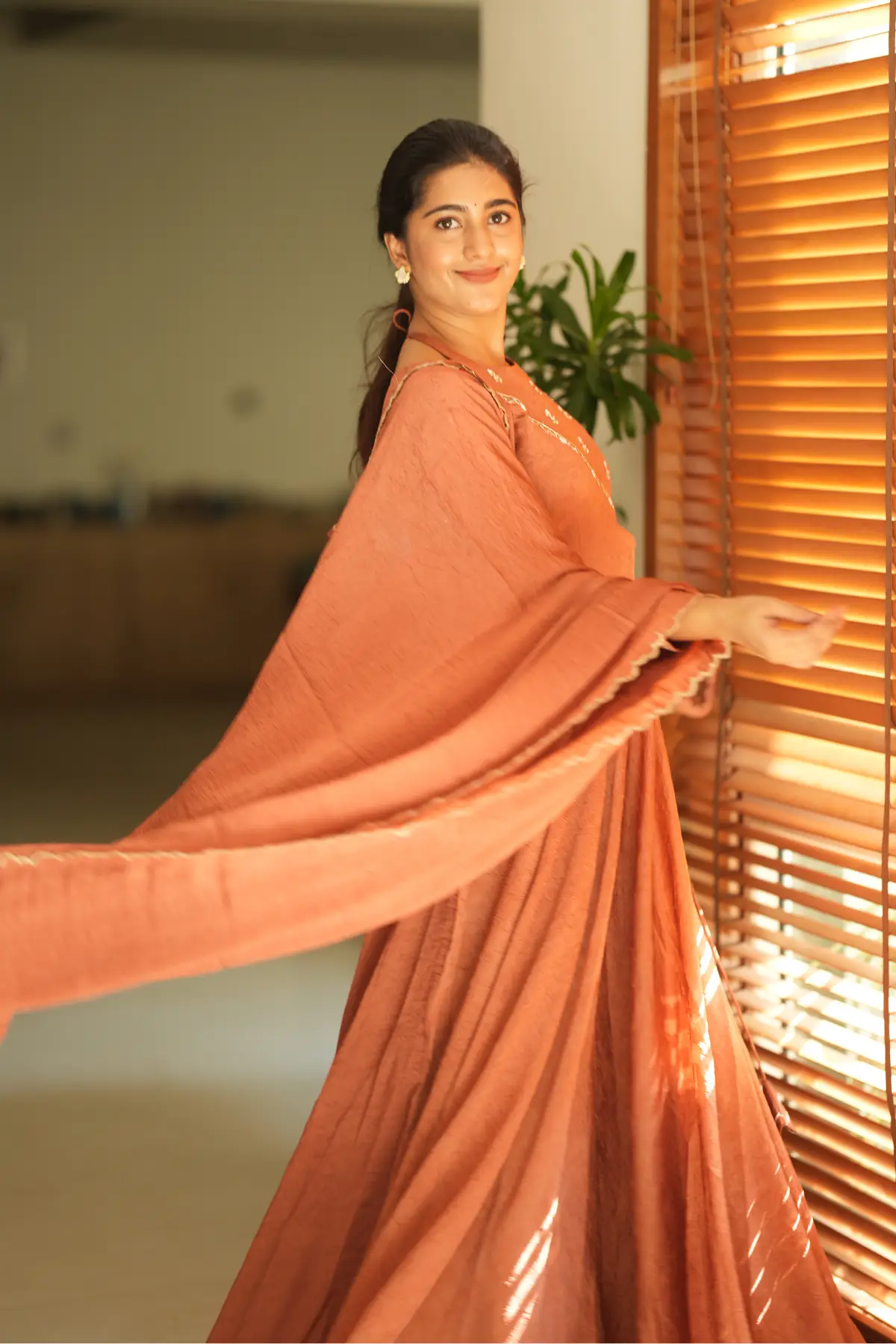 Sumedha Crush space silk Dress in Rust