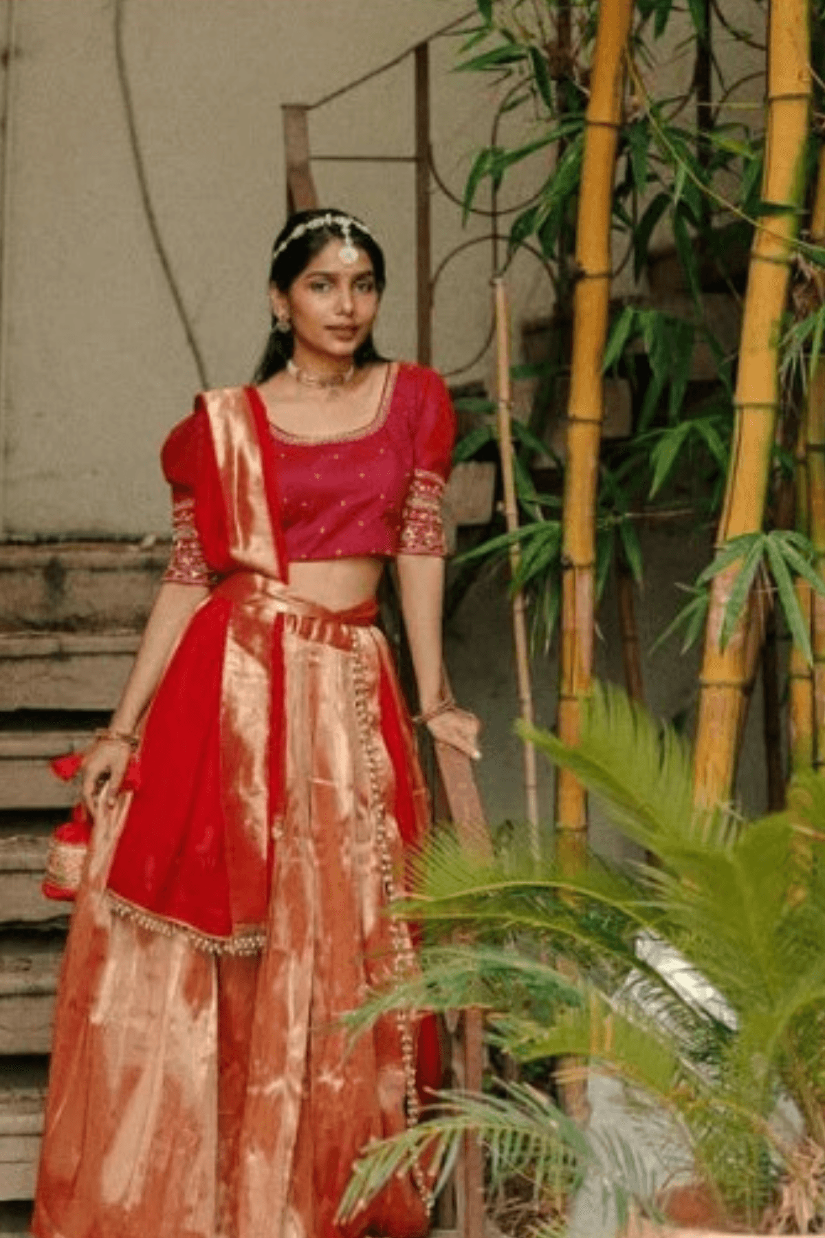 Saffron Banarasi Lehenga Set in Wine