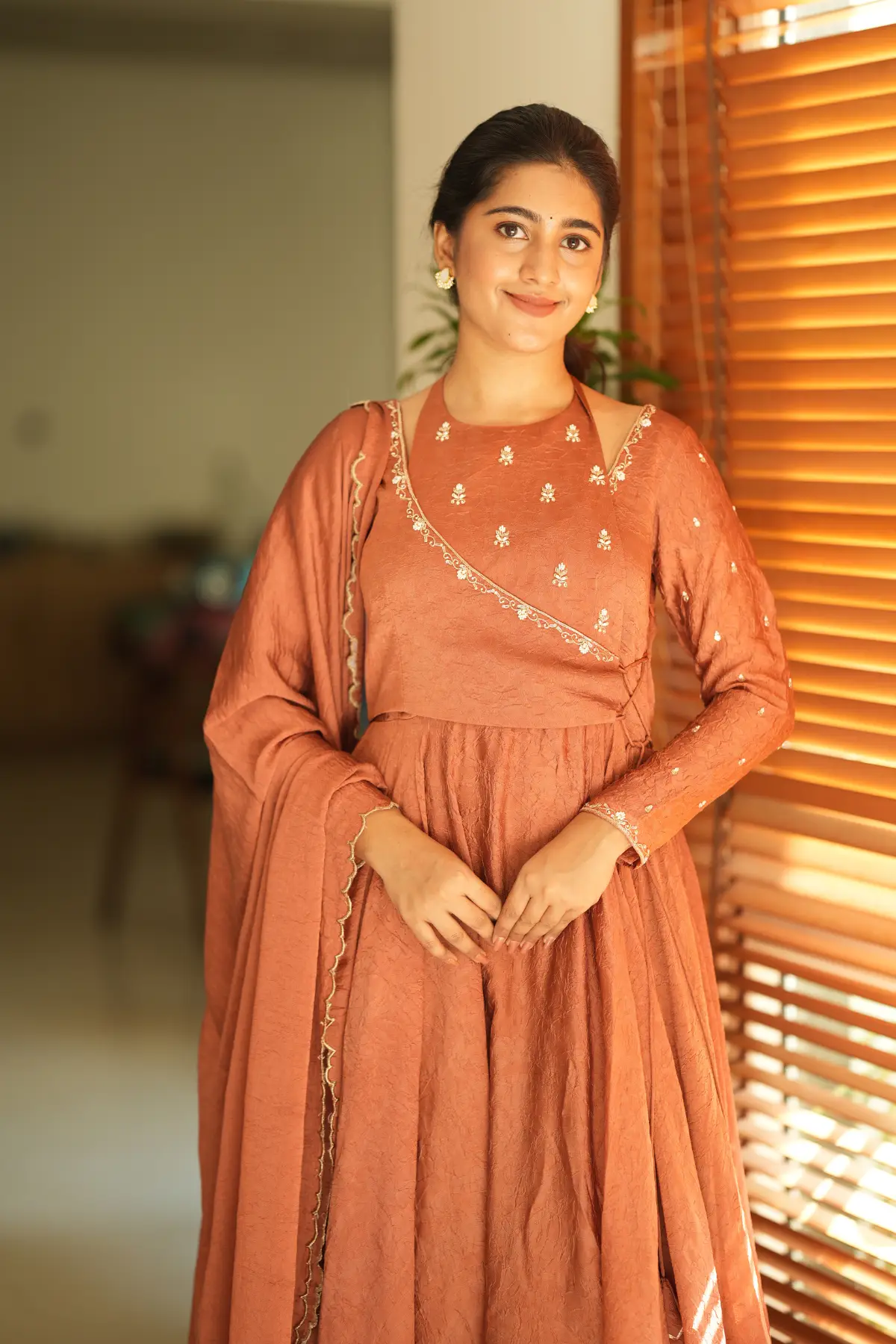 Sumedha Crush space silk Dress in Rust
