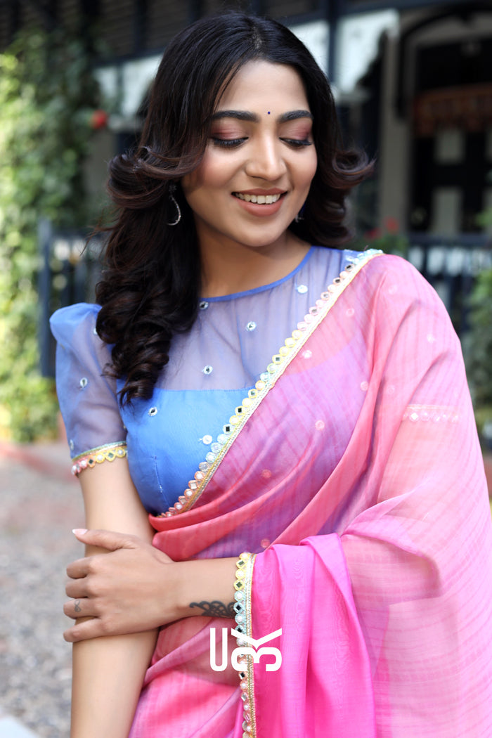 Sukoon Ke Rang Organza Saree in Blue & Pink