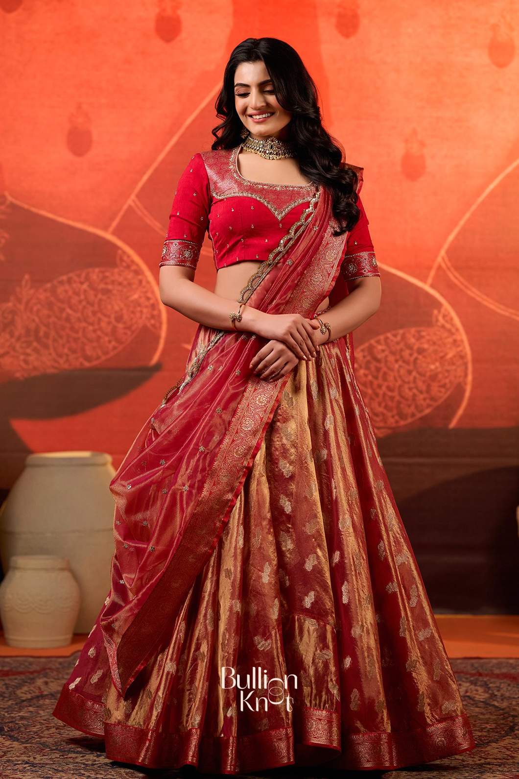 Amulya Tissue Zari Red Lehenga Set