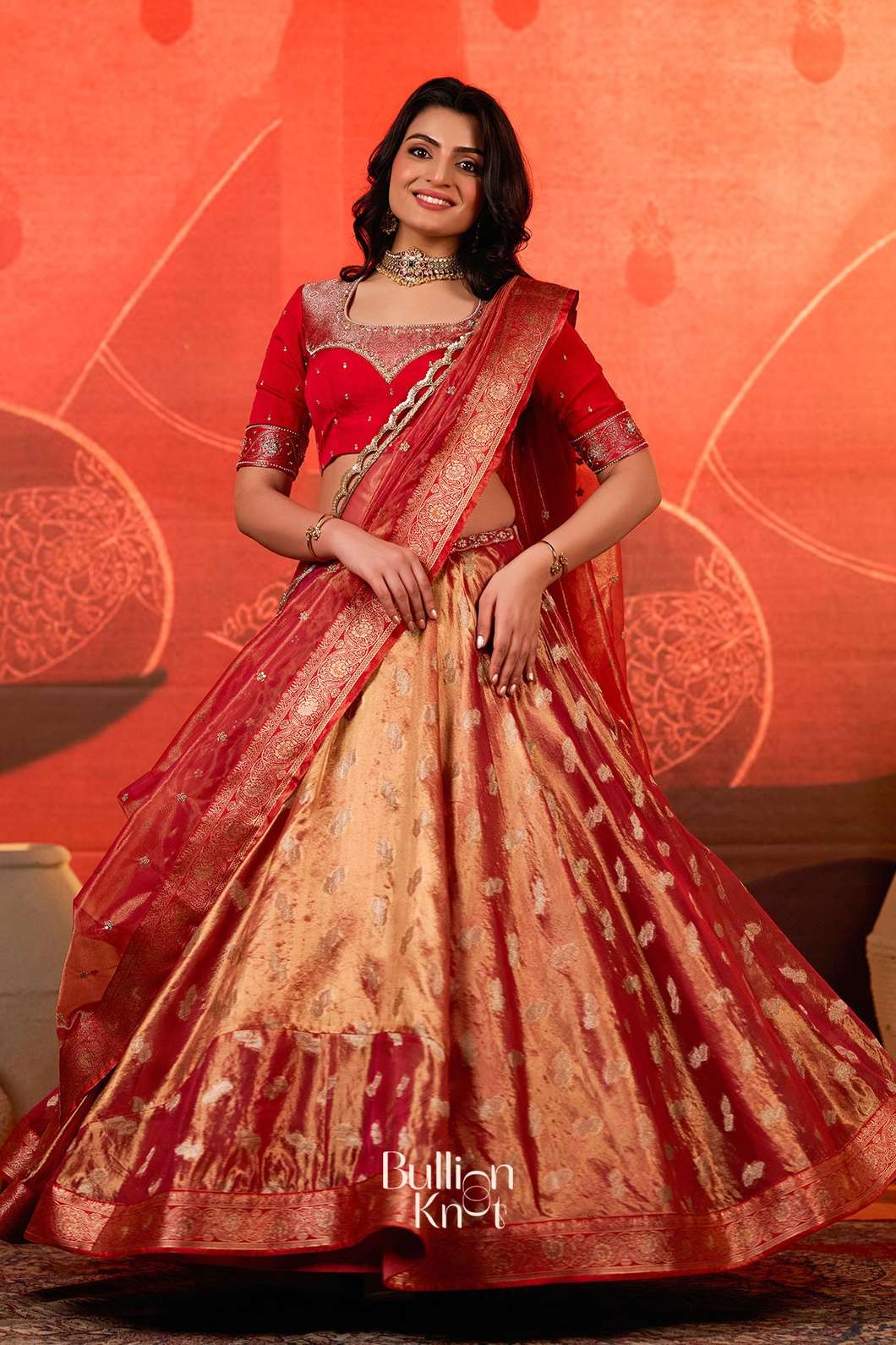 Amulya Tissue Zari Red Lehenga Set