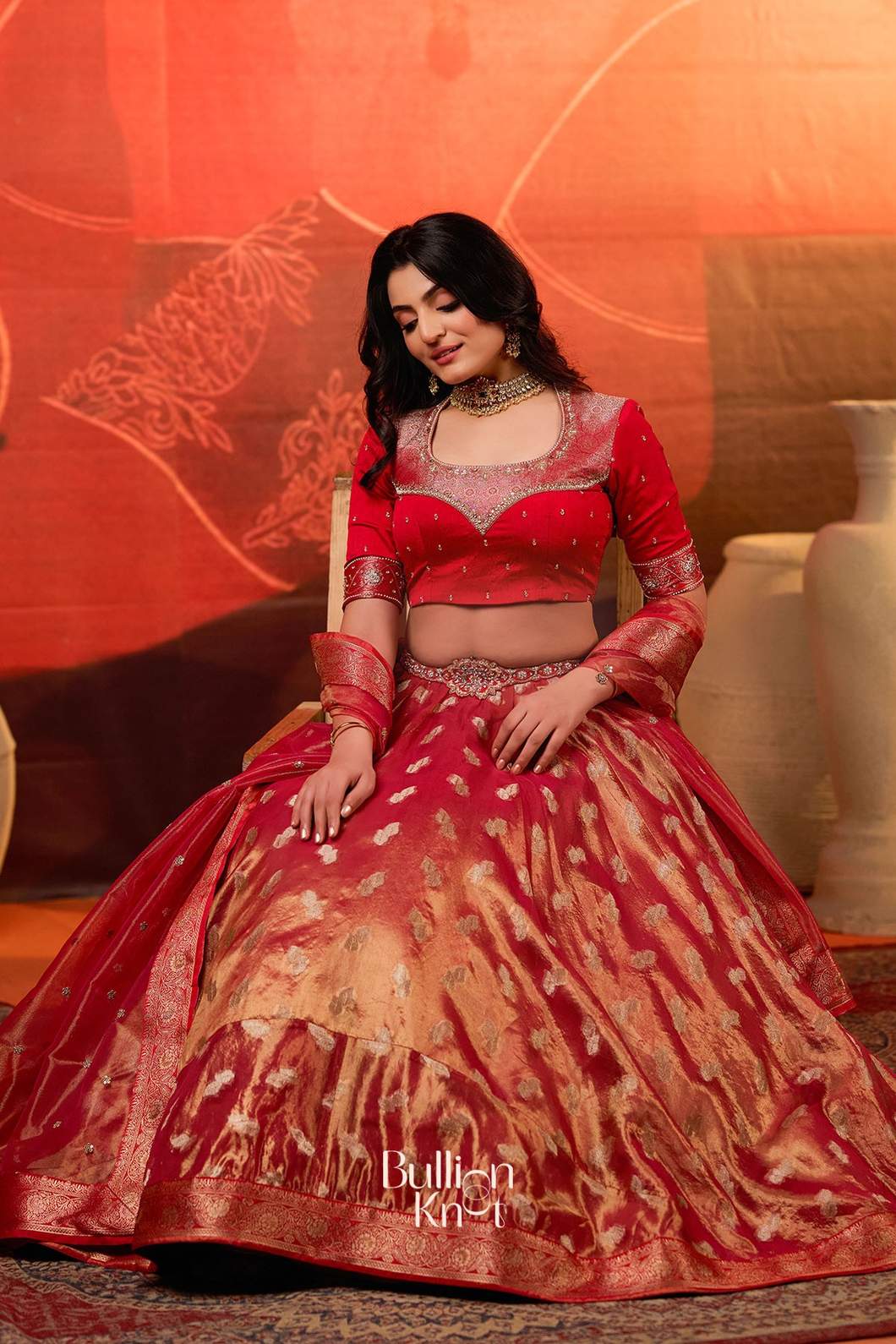 Amulya Tissue Zari Red Lehenga Set