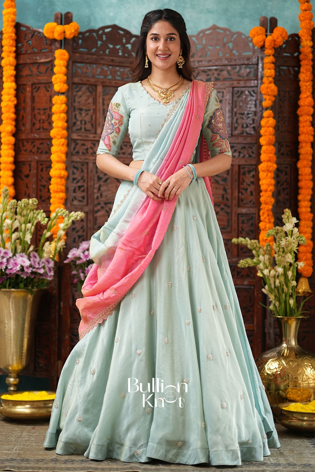 Jalrangi Aqua Blue Tissue kalamkari Lehenga Set