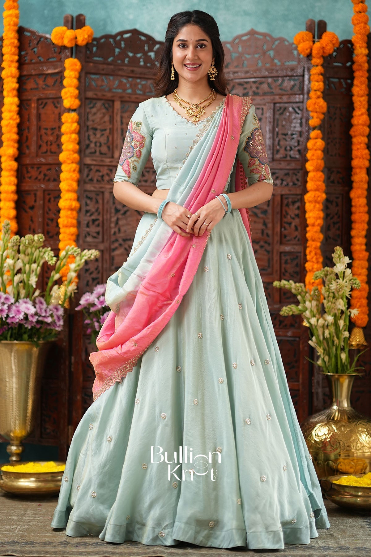 Jalrangi Aqua Blue Tissue kalamkari Lehenga Set