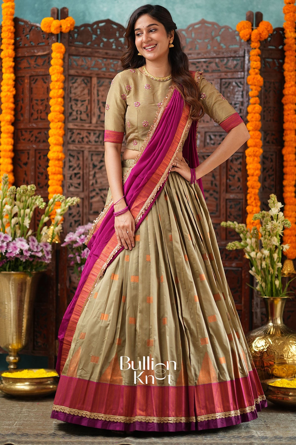 Saubhagya Copper Wine Natural Crep Lehenga Set