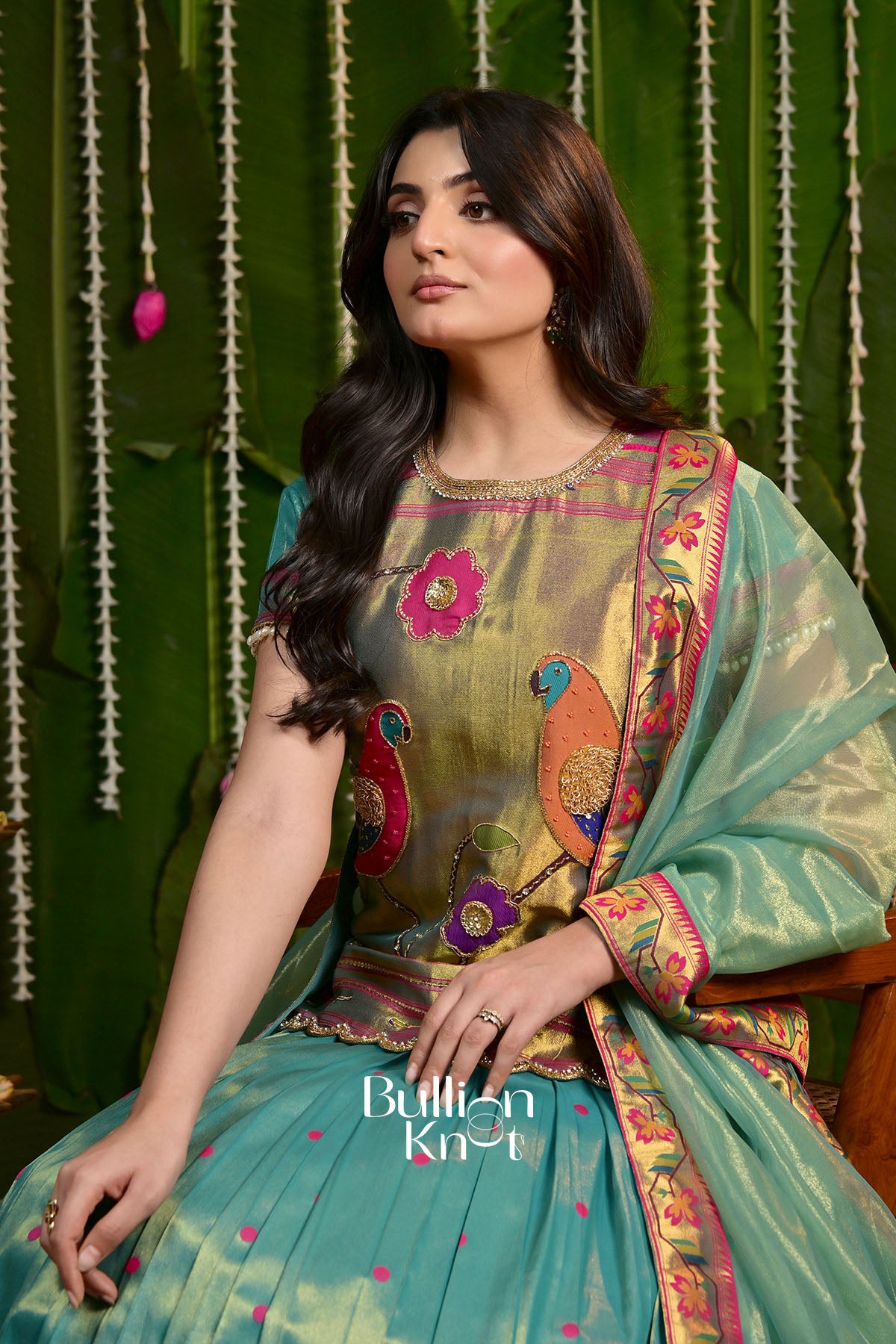 Morni Paithani Vermilion Blue-Green Silk Lehenga set with Jacket