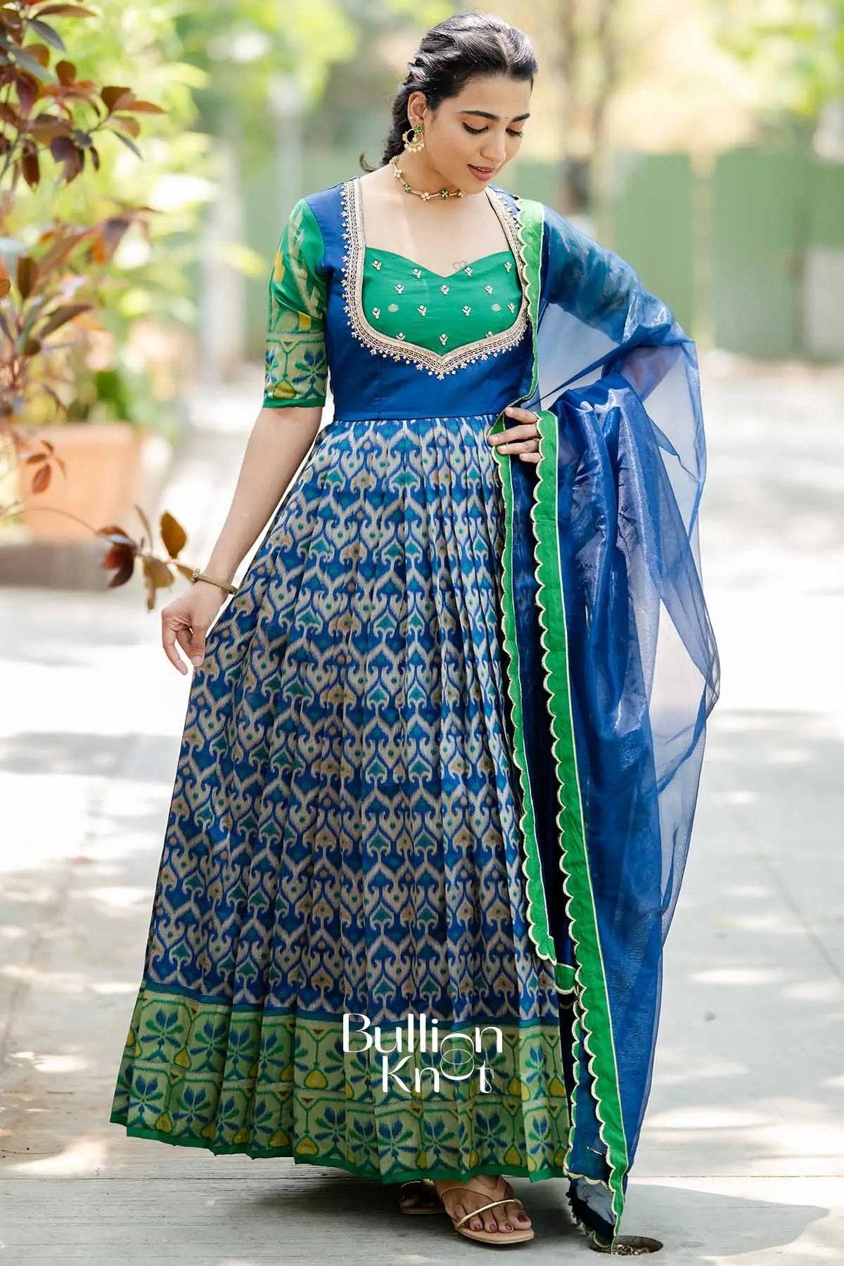 Morbagh | Navy Ikat Silk Anarkali Suit Set for Festive