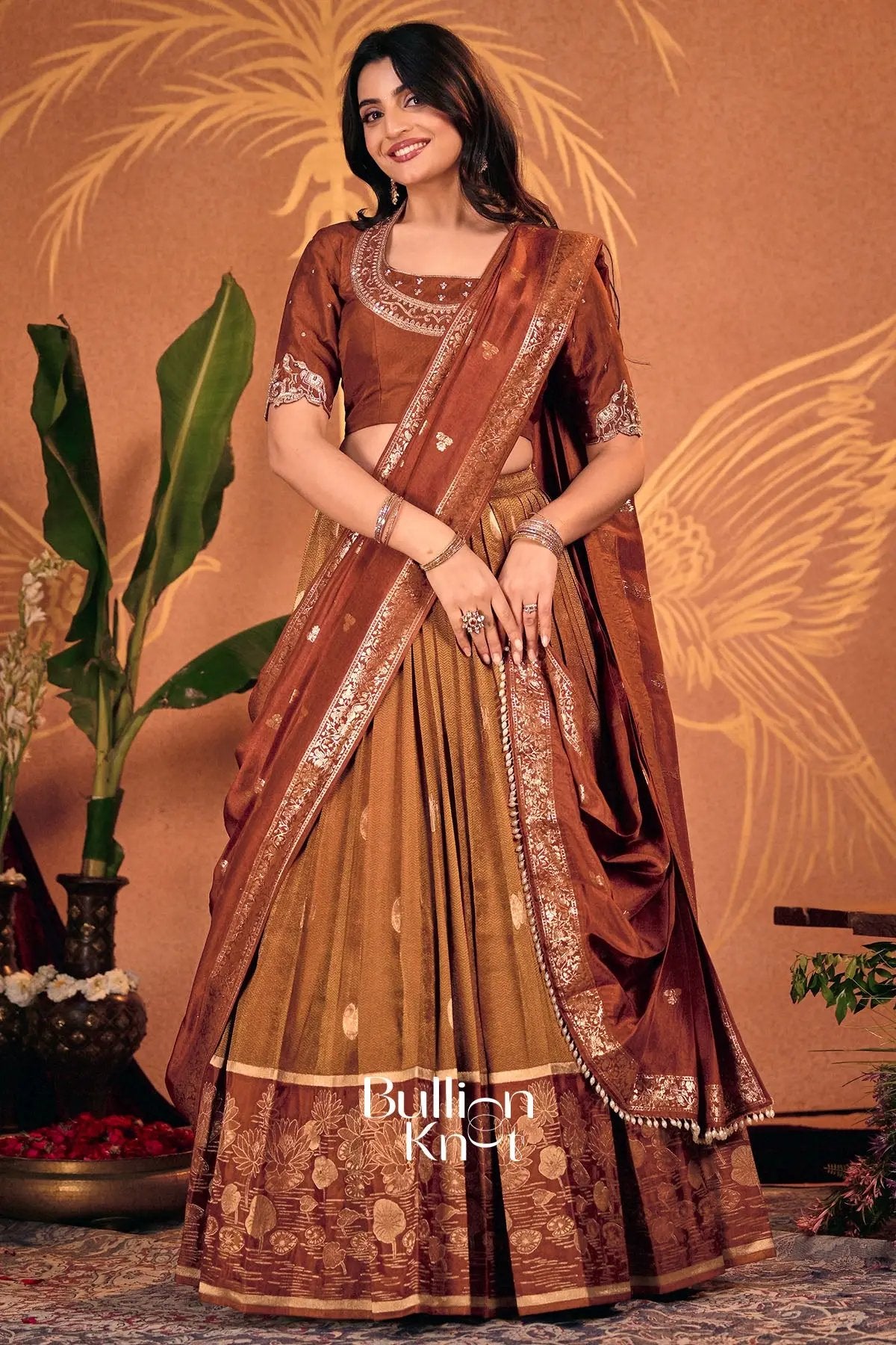 TV actresses wearing traditional rust silk lehenga sets