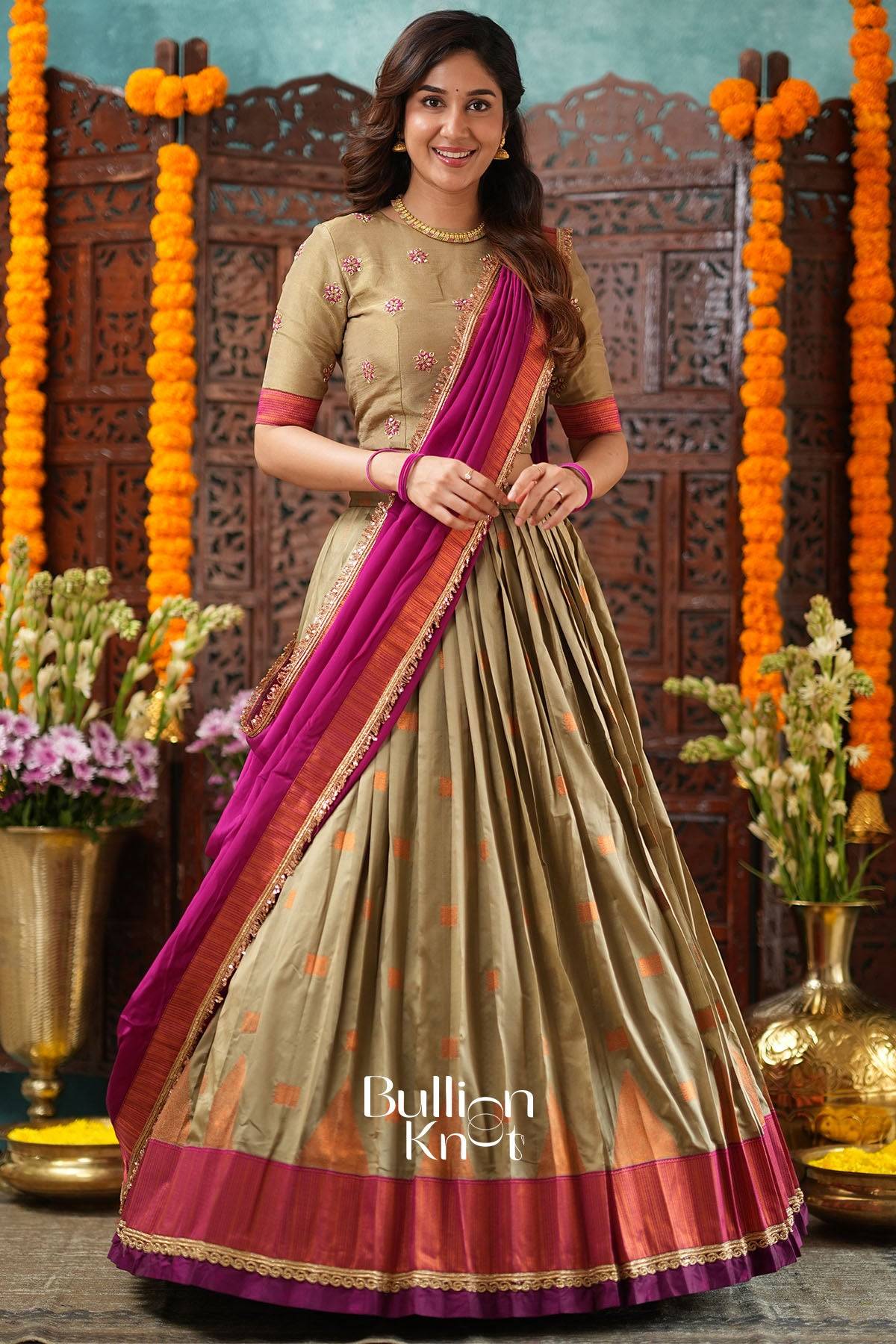 Elegant beige and magenta lehenga with embroidered blouse and dupatta for traditional wear