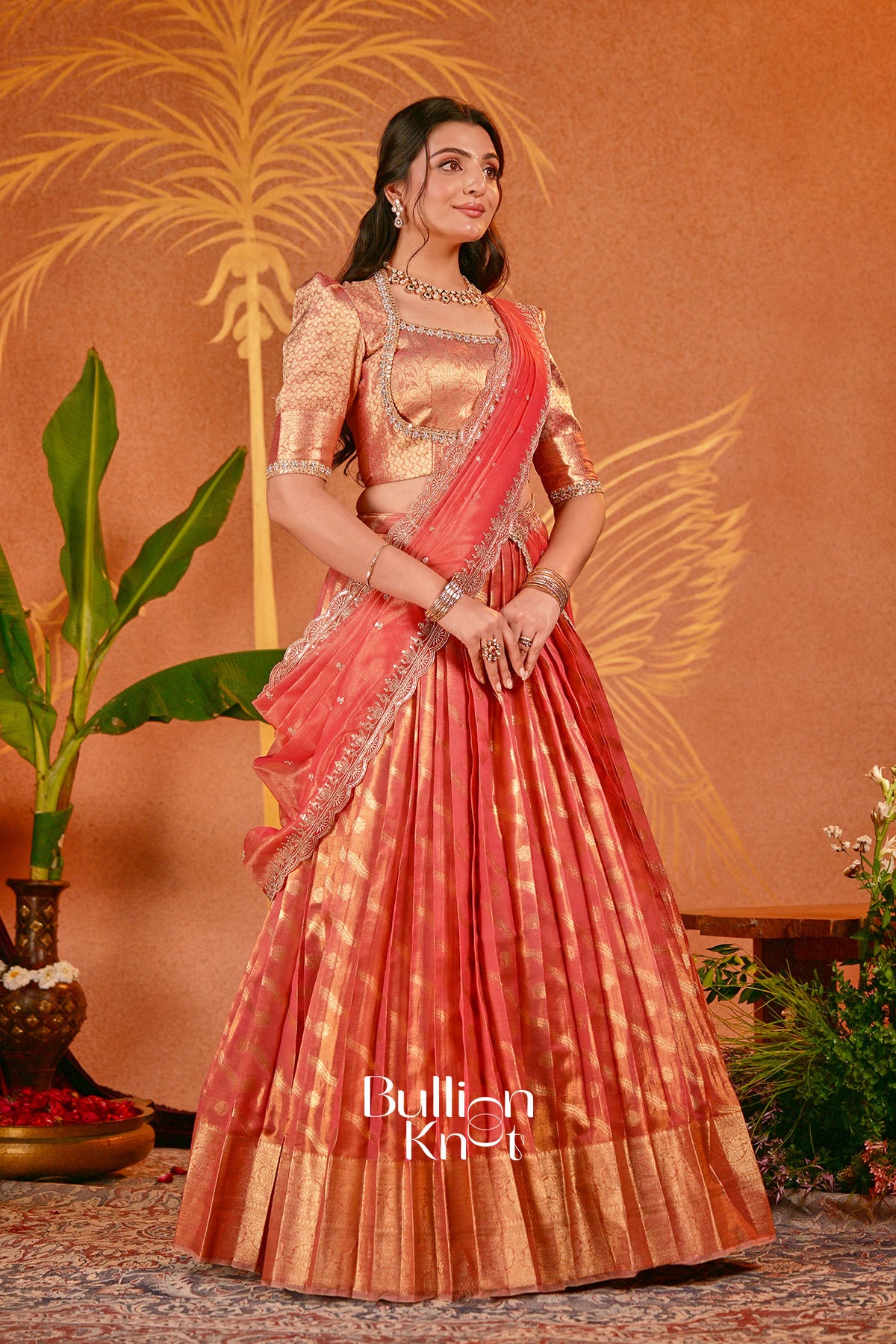 Mohini Tissue Zari Coral red Lehenga Set