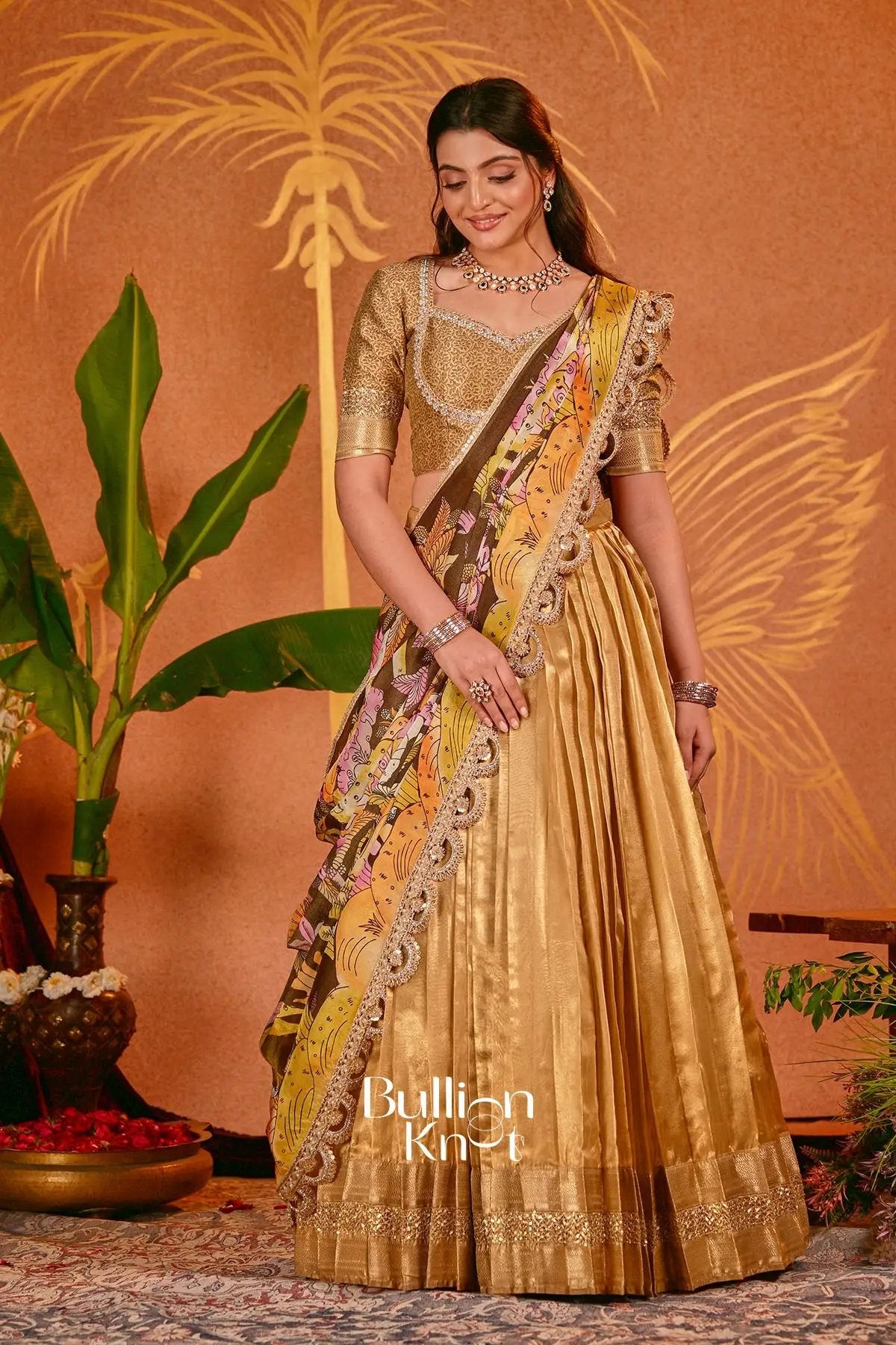 Devki Golden Tissue Silk Kalamkari Lehenga Set