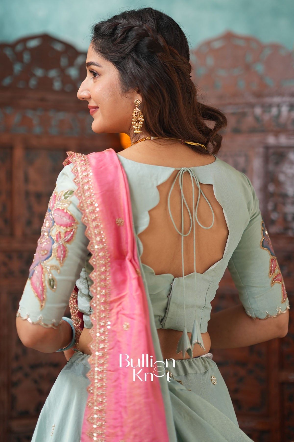 Jalrangi Aqua Blue Tissue kalamkari Lehenga Set