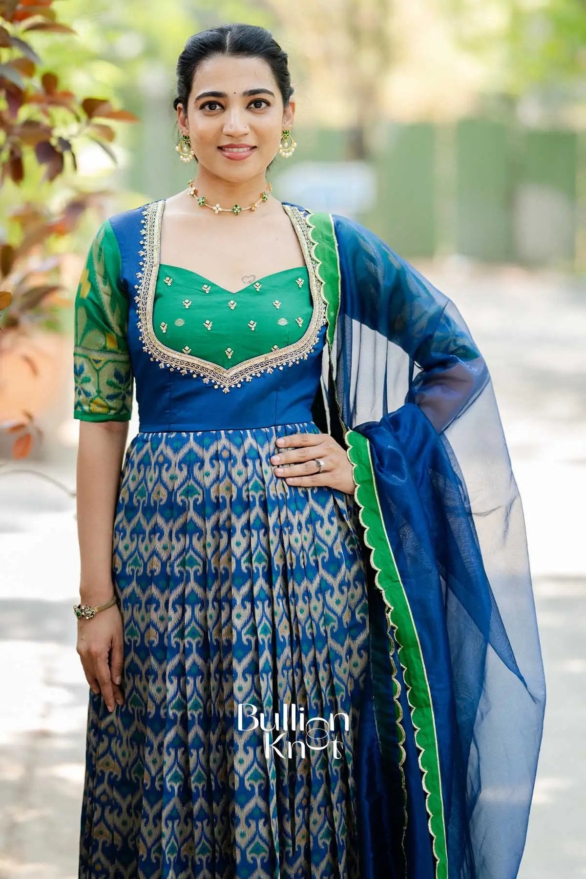Morbagh | Navy Ikat Silk Anarkali Suit Set for Festive