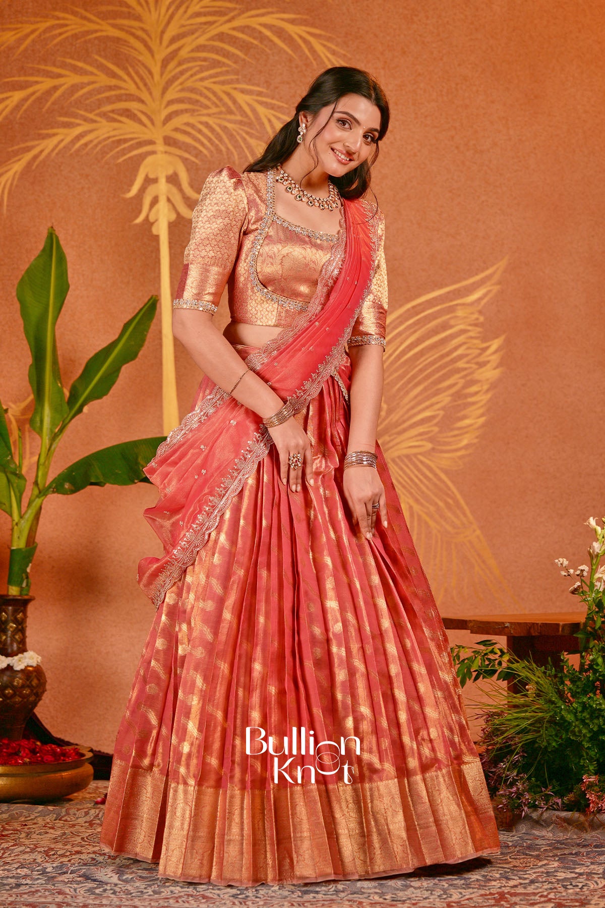 Mohini Tissue Zari Coral red Lehenga Set